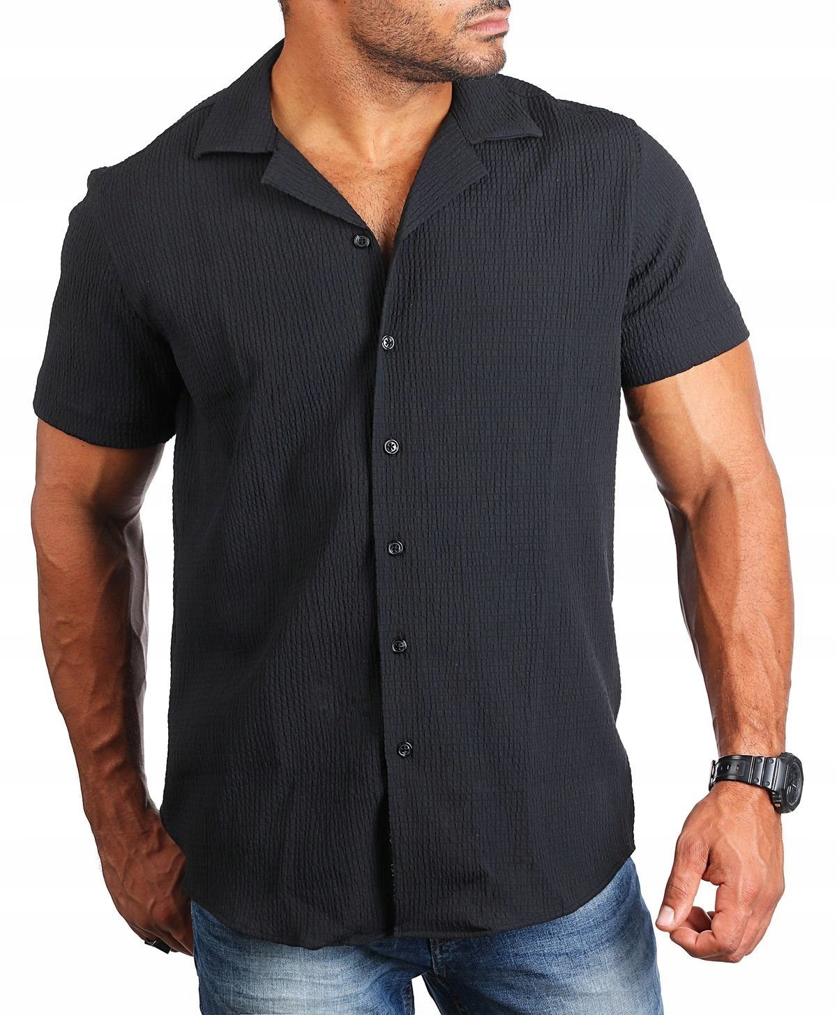 Černá Pánská Košile Kubánský Límec Zajímavá Struktura Casual L