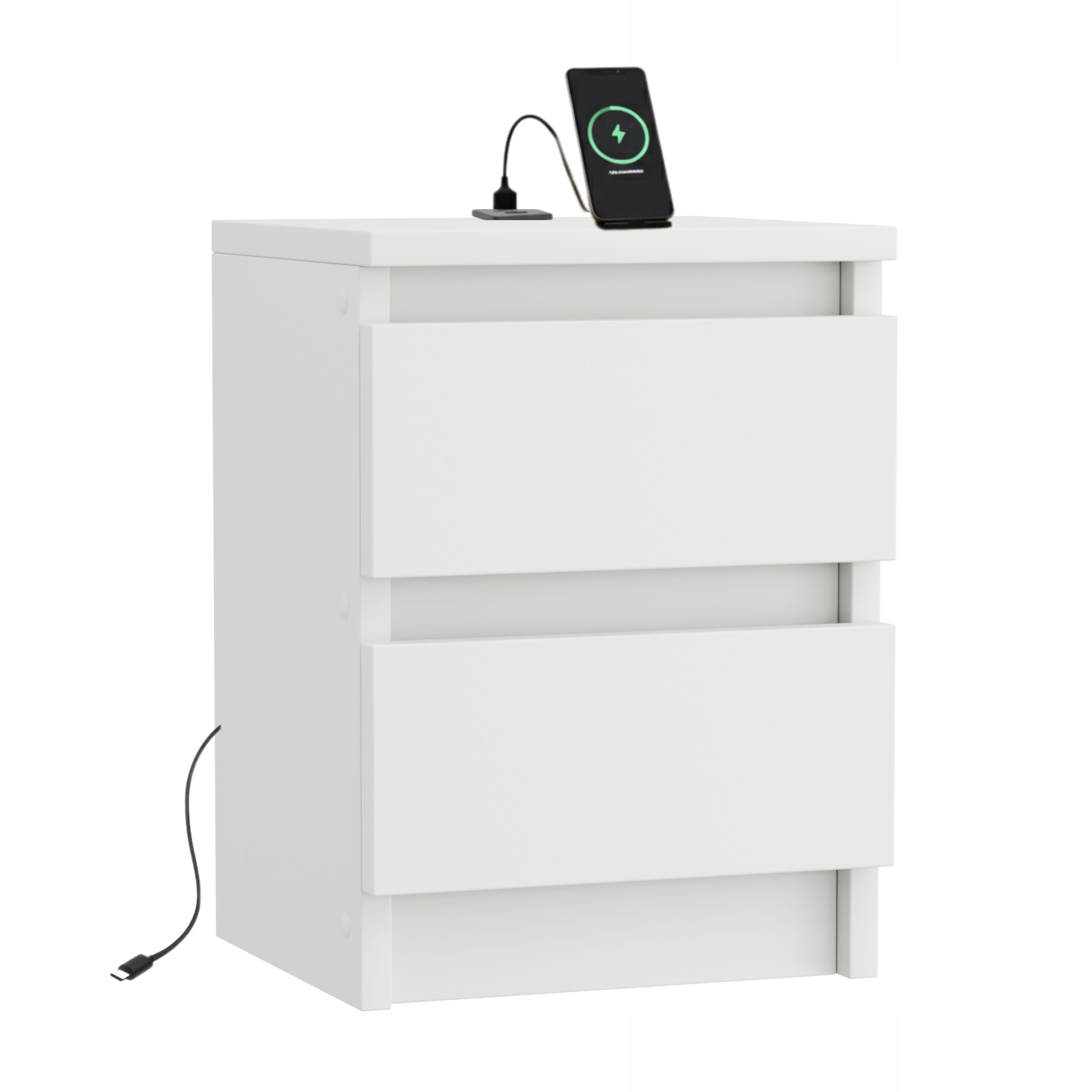 Noční Stolek Bílý 30 CM S Portem Usb A Usb C Dvě Zásuvky, Noční Stolek Matný