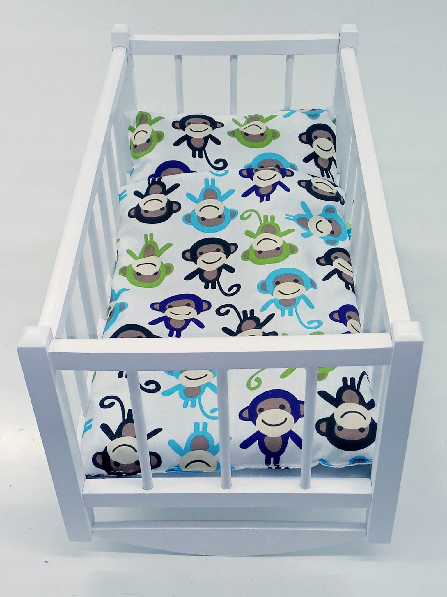 KOŁYSKA DLA LALEK BIAŁA DREWNIANA + POŚCIEL 3el