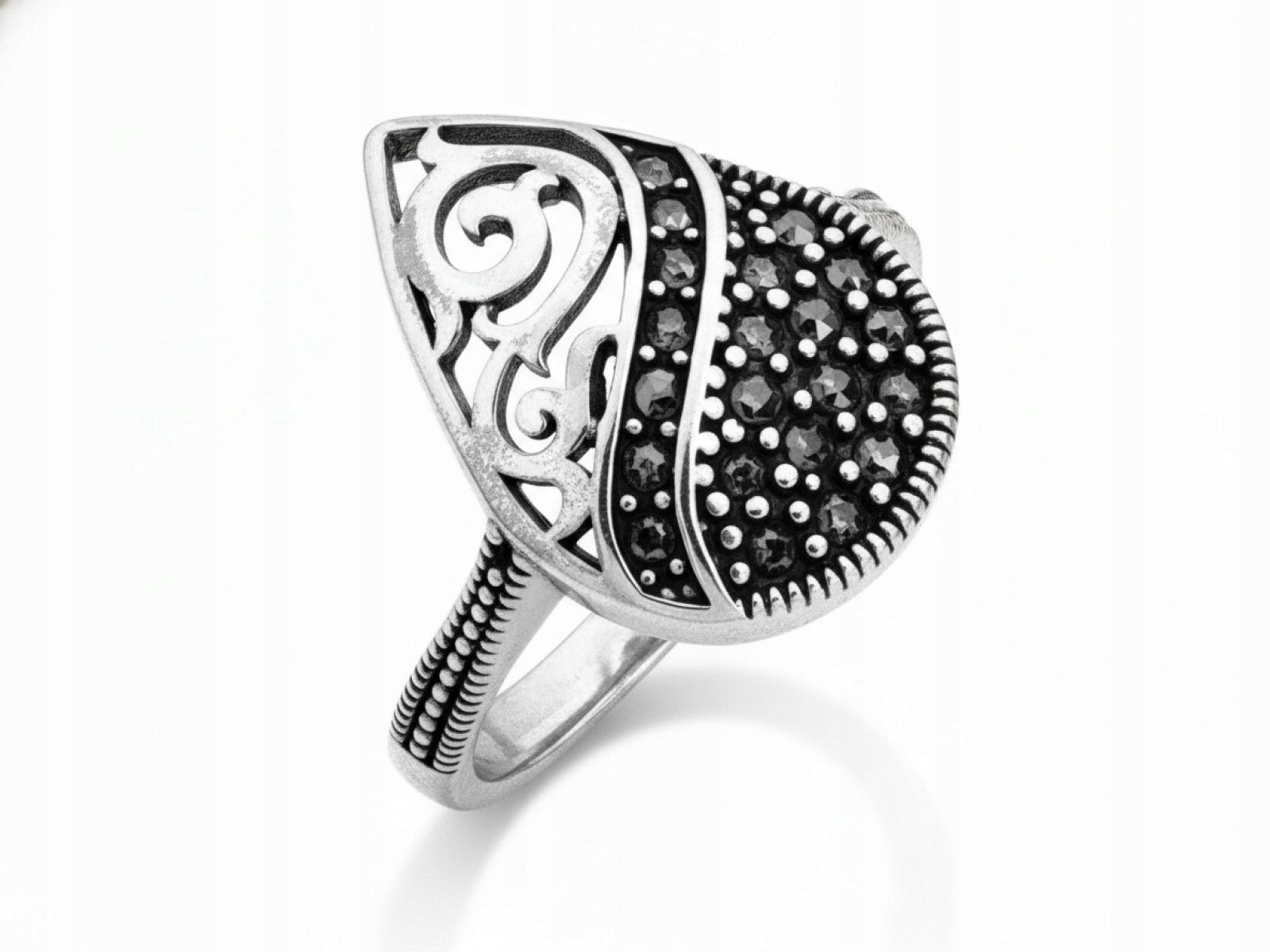 Dámský stříbrný prstýnek 925 kapka s ažurovým vzorem a markýzami r17