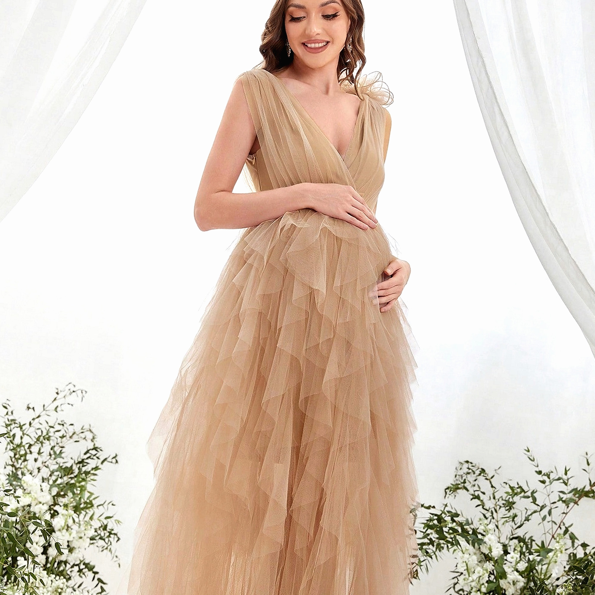 Šaty s tiulu Dámské Faeriwsty Camel Deep V XL
