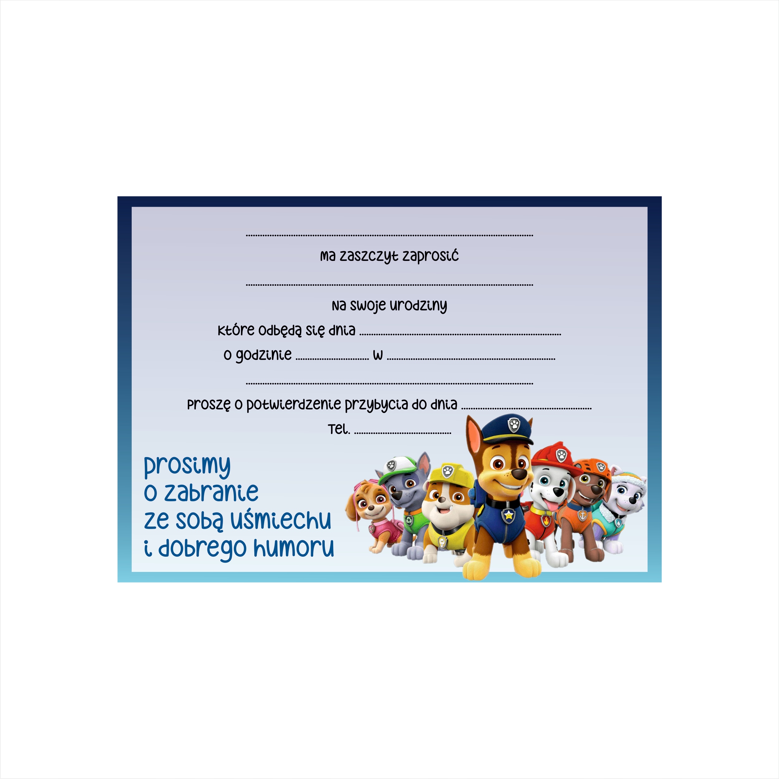 ZAPROSZENIE ZAPROSZENIA PSI PATROL PAW PATROL 1szt Wysokość produktu 10.5 cm