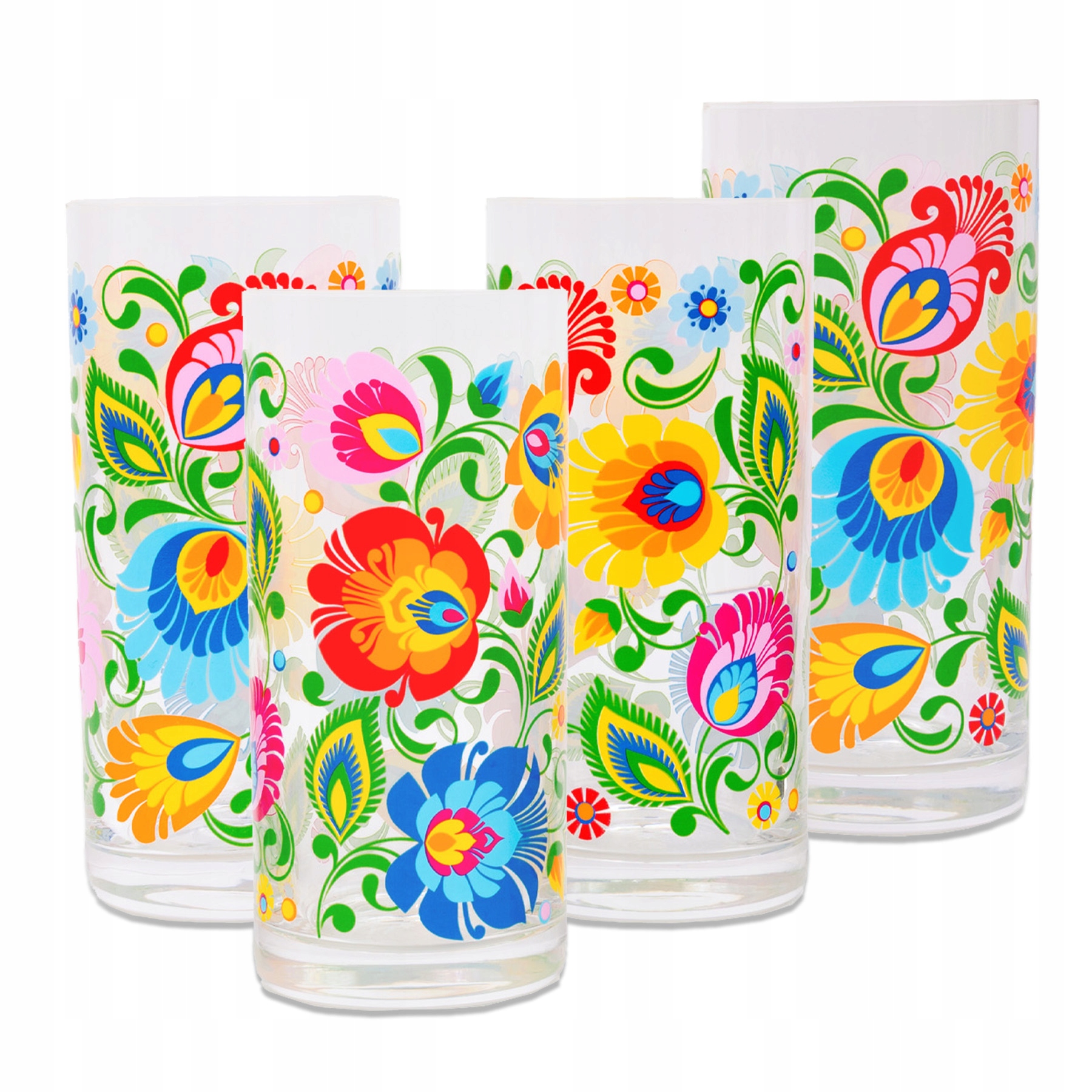Sklenice na nápoje s barevnými lidovými květinami, sada 4 ks, 280 ml