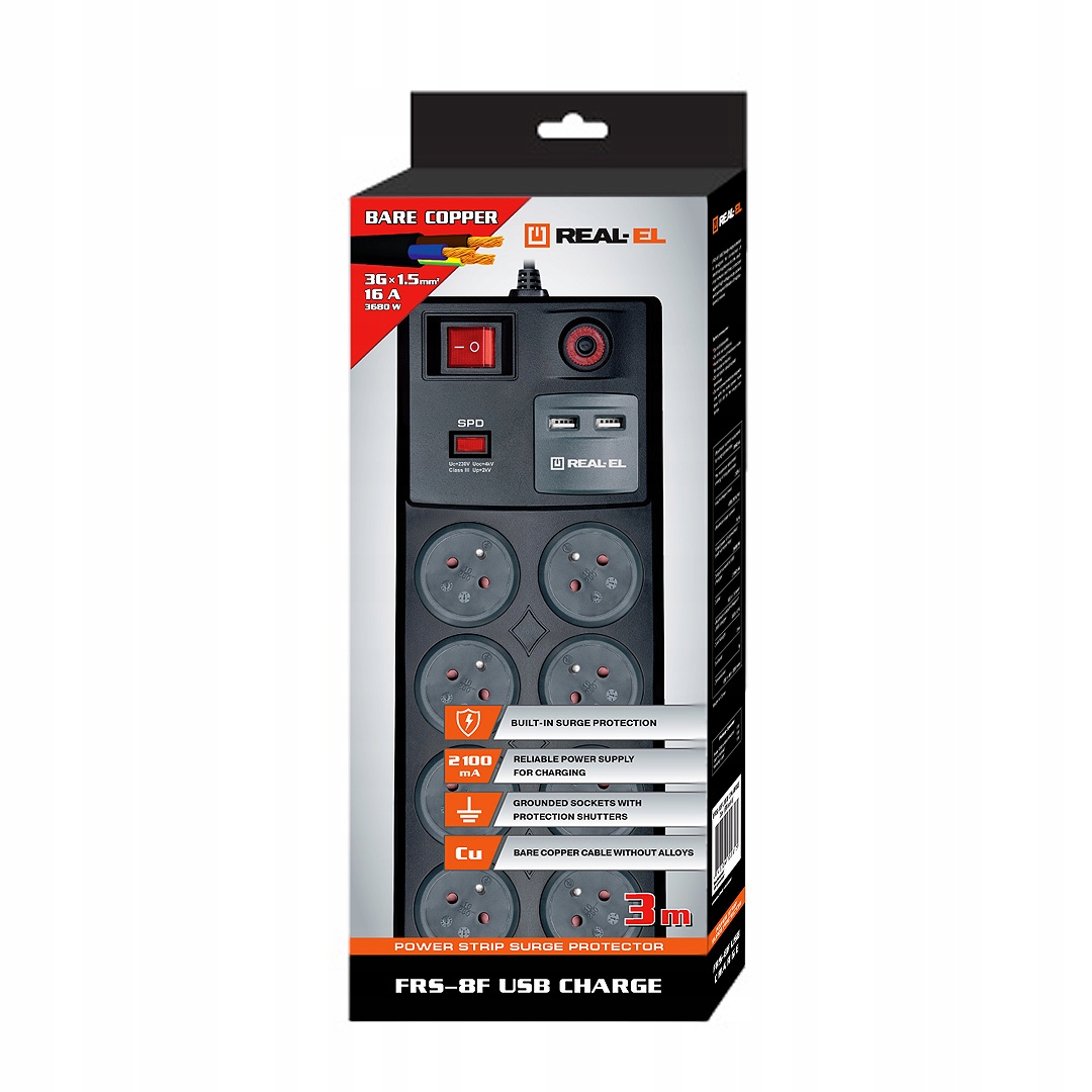 LISTWA ZASILAJĄCA PRZEDŁUŻACZ 8 GNIAZD 2 USB 3m. Kod producenta FRS-8F