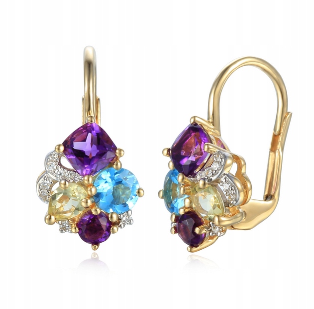 Zlaté 14K Náušnice Ametyst Topaz Brilianty