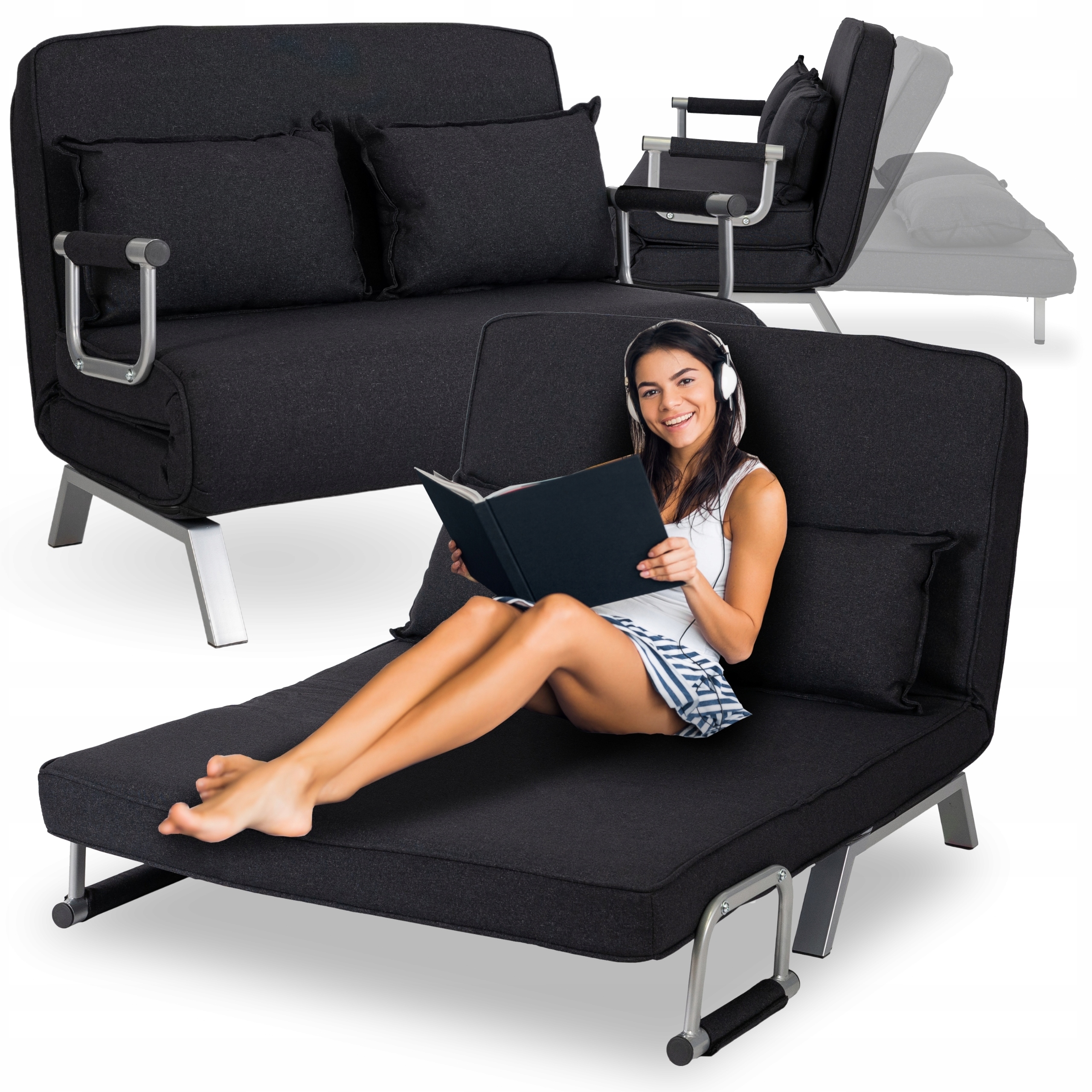 Rozkládací dvoumístné pohodlné křeslo Bart 2 Černá Lůžko na spaní