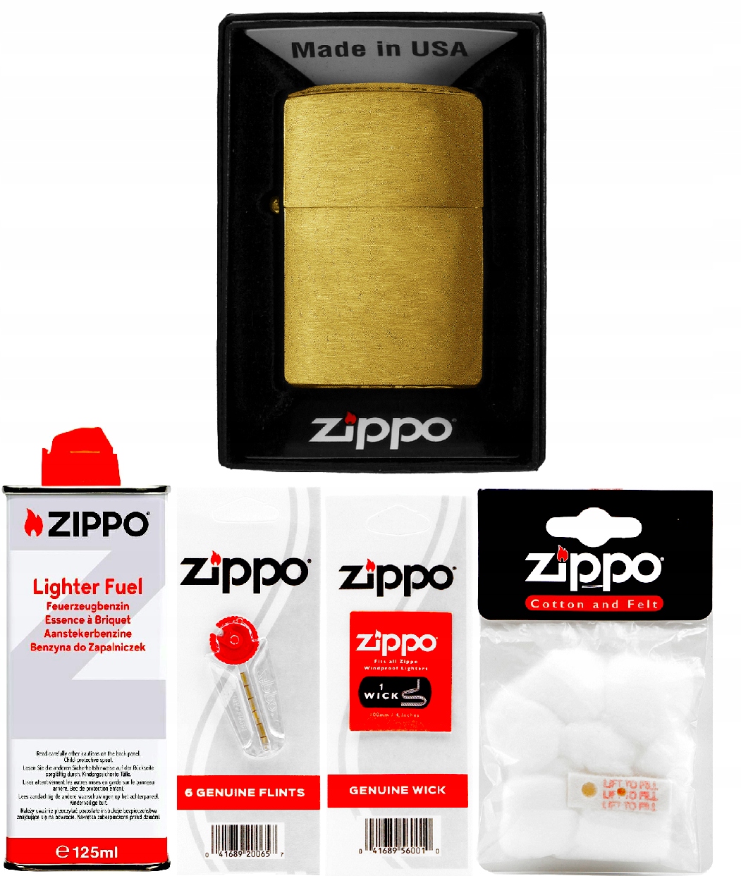 Set Zippo Zapalovač Brass Brushed Benzín Kameny Knot Vatky Příslušenství