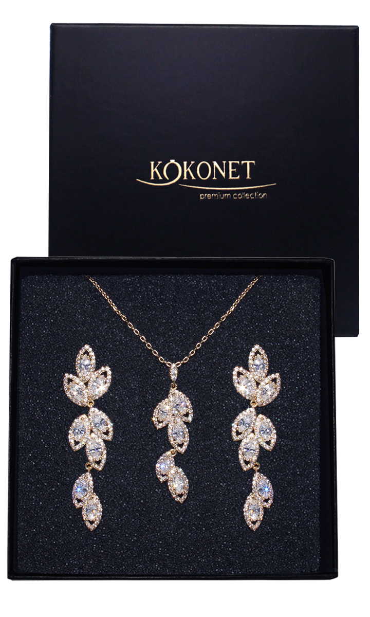 Sada svatebních šperků zlatý náhrdelník náušnice s lístky, dlouhý, lehký