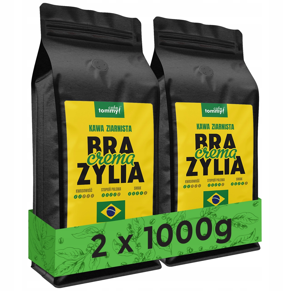 Levně Káva zrnková 2x1kg Brazílie Crema 100% Arabica Tmavě Pražená Tommy Cafe