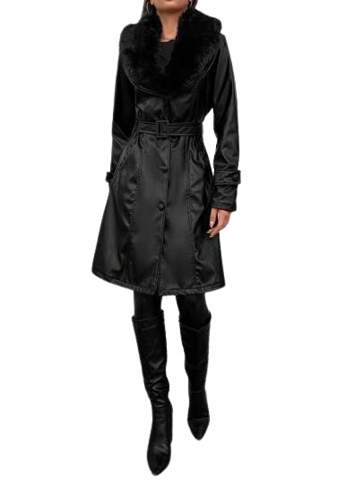 Kabát Z Eko Kůže, Černý S Kožešinou, Rovný, 36 L_b