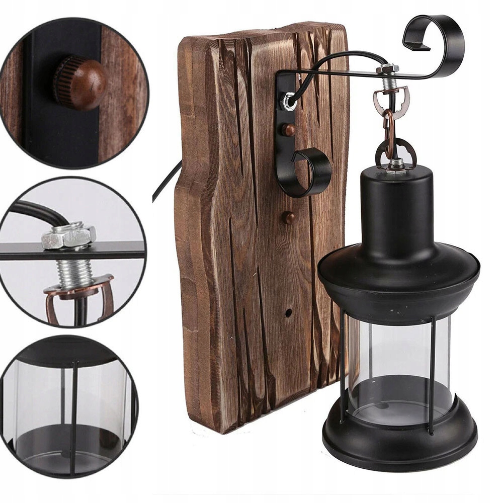 E27 Vintage industriální dřevěná nástěnná lampa