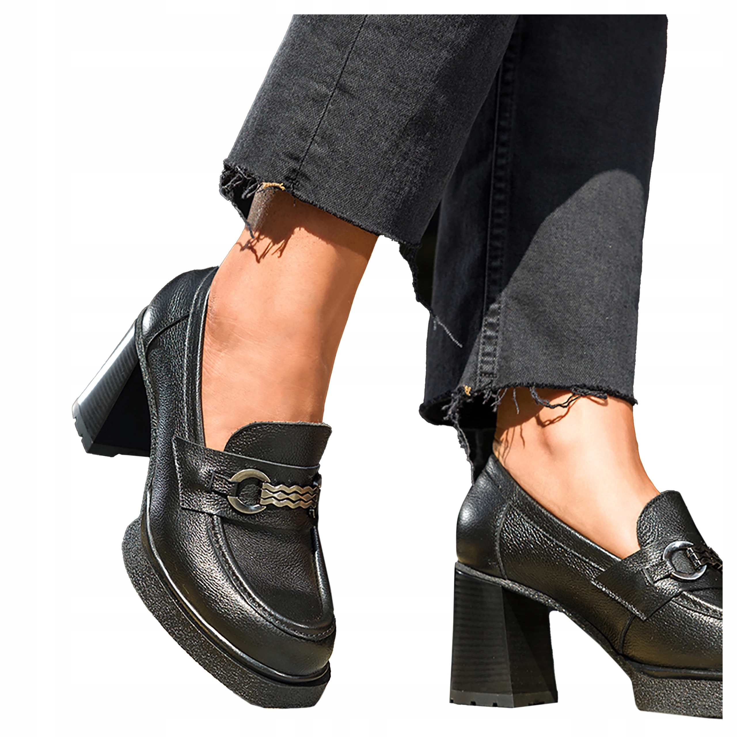 Kožené Mokasíny Dámské Černé Široký Podpatek Klocek Produkt Polský vel. 39