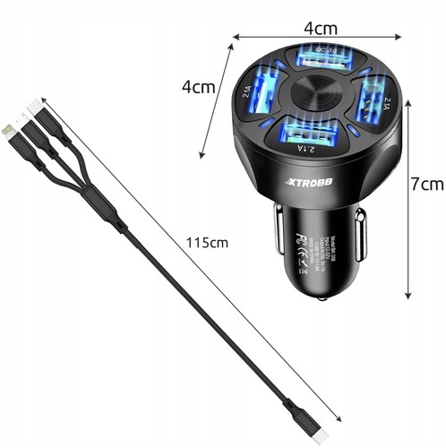 SZYBKA ŁADOWARKA SAMOCHODOWA 4X USB QS 3A + KABEL 3w1 Prąd wyjściowy 3000 mA