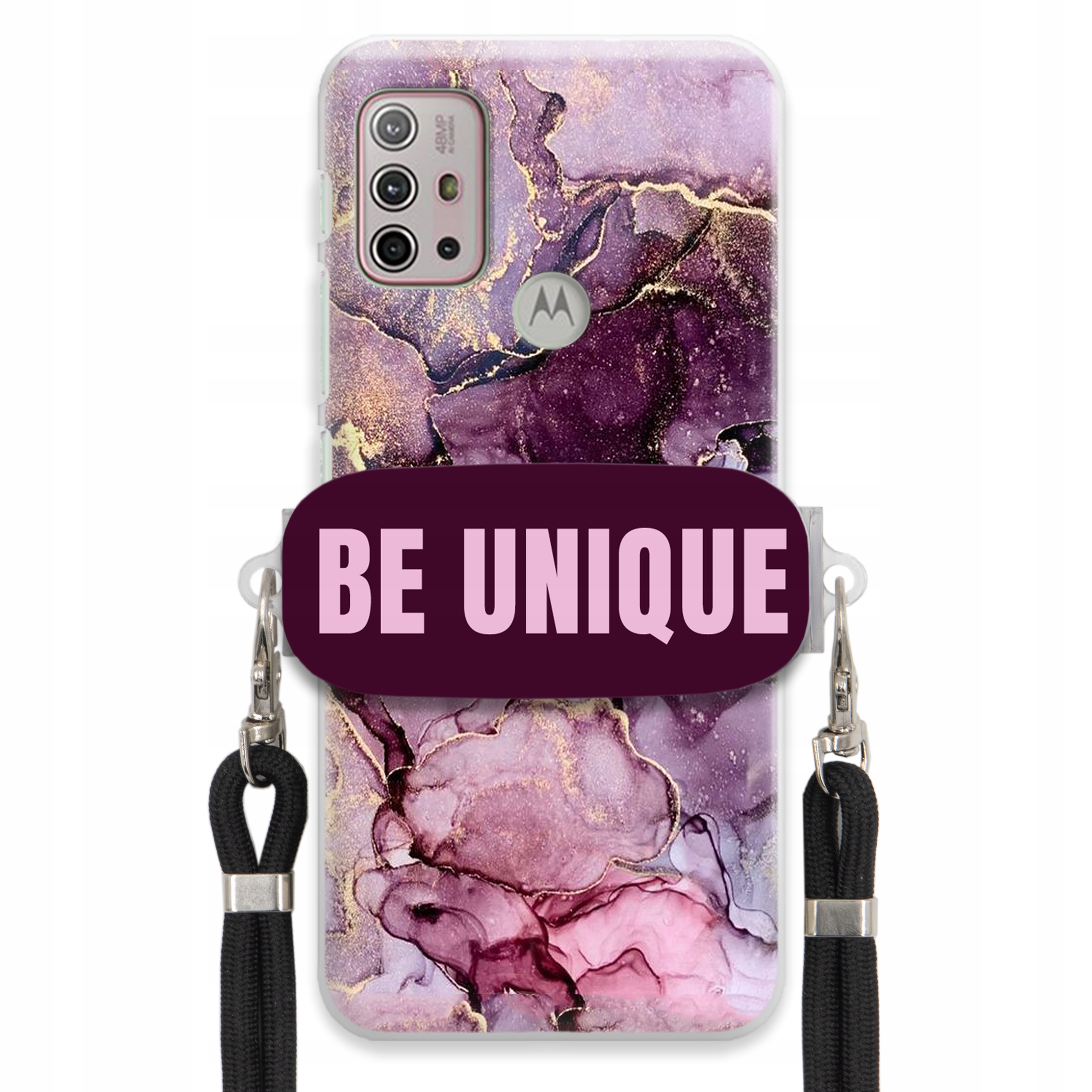 Prémiové puzdro pre Motorola G30 Case Uchywt Šnúrka Čierna Fialový Mramor