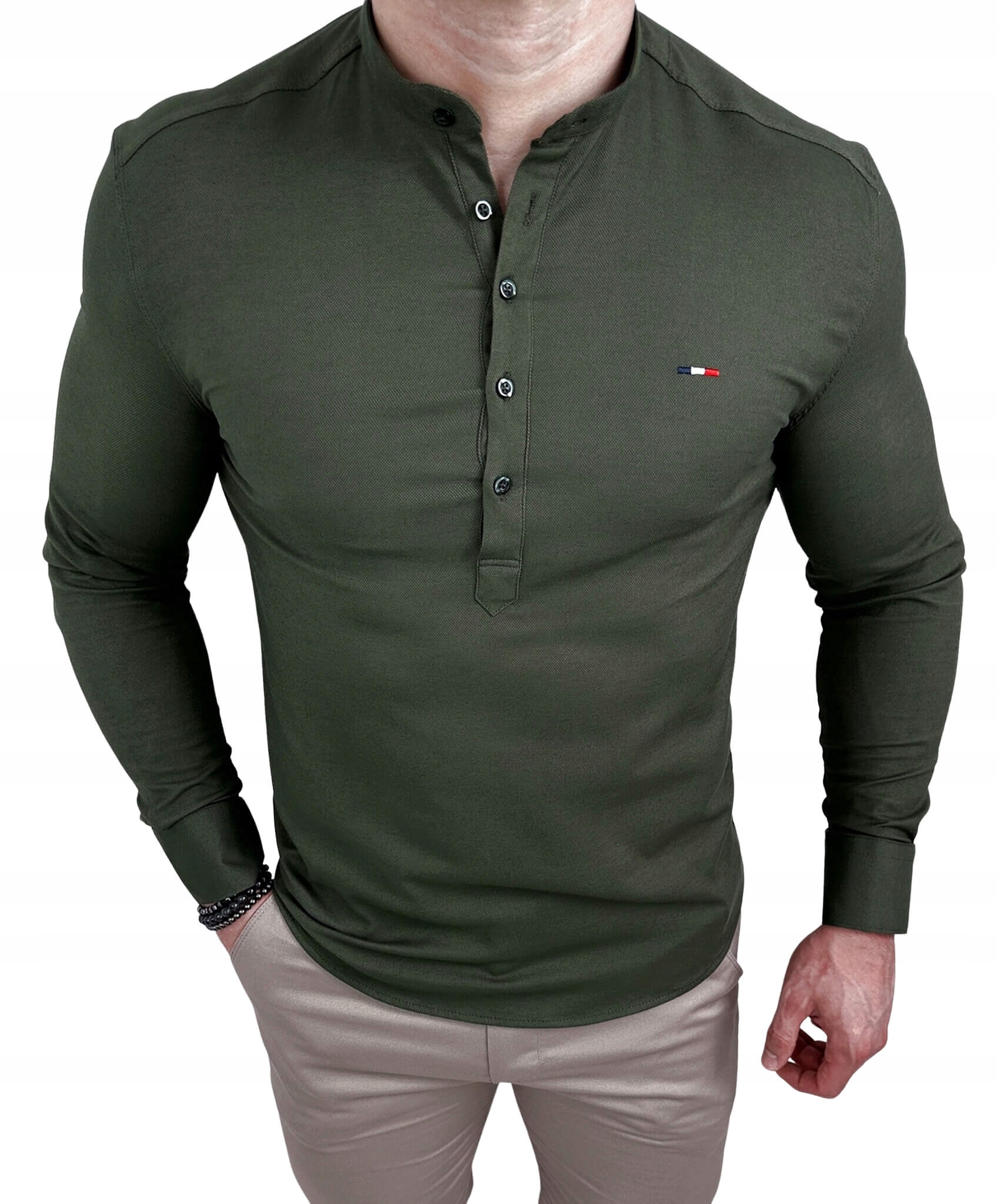 Khaki koszula meska slim fit zapinana do polowy L