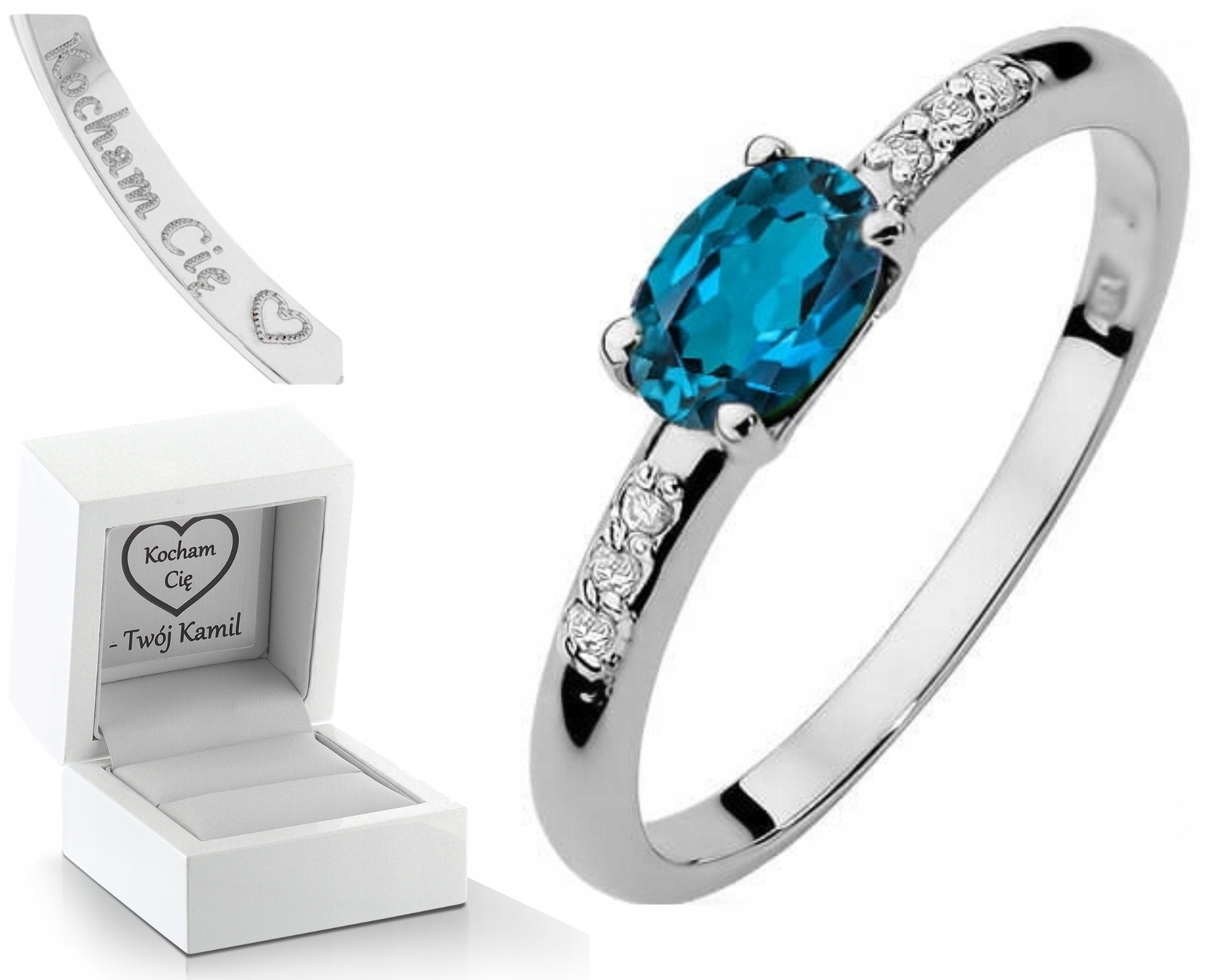 Bílé Zlato Prstýnek London Blue Topaz Gravírování