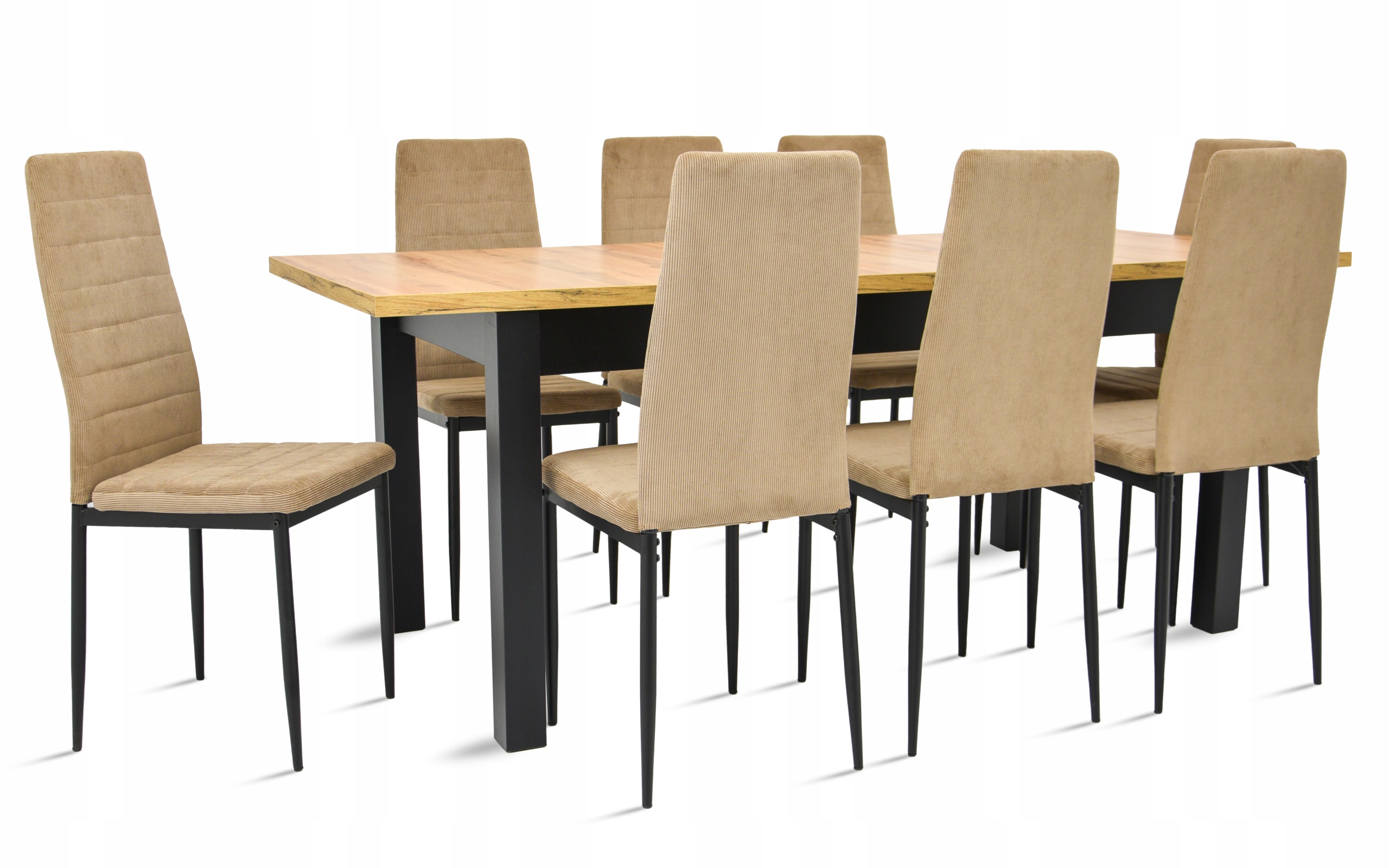 

Stół rozkładany 80x160x200 8 krzeseł sztruks beż