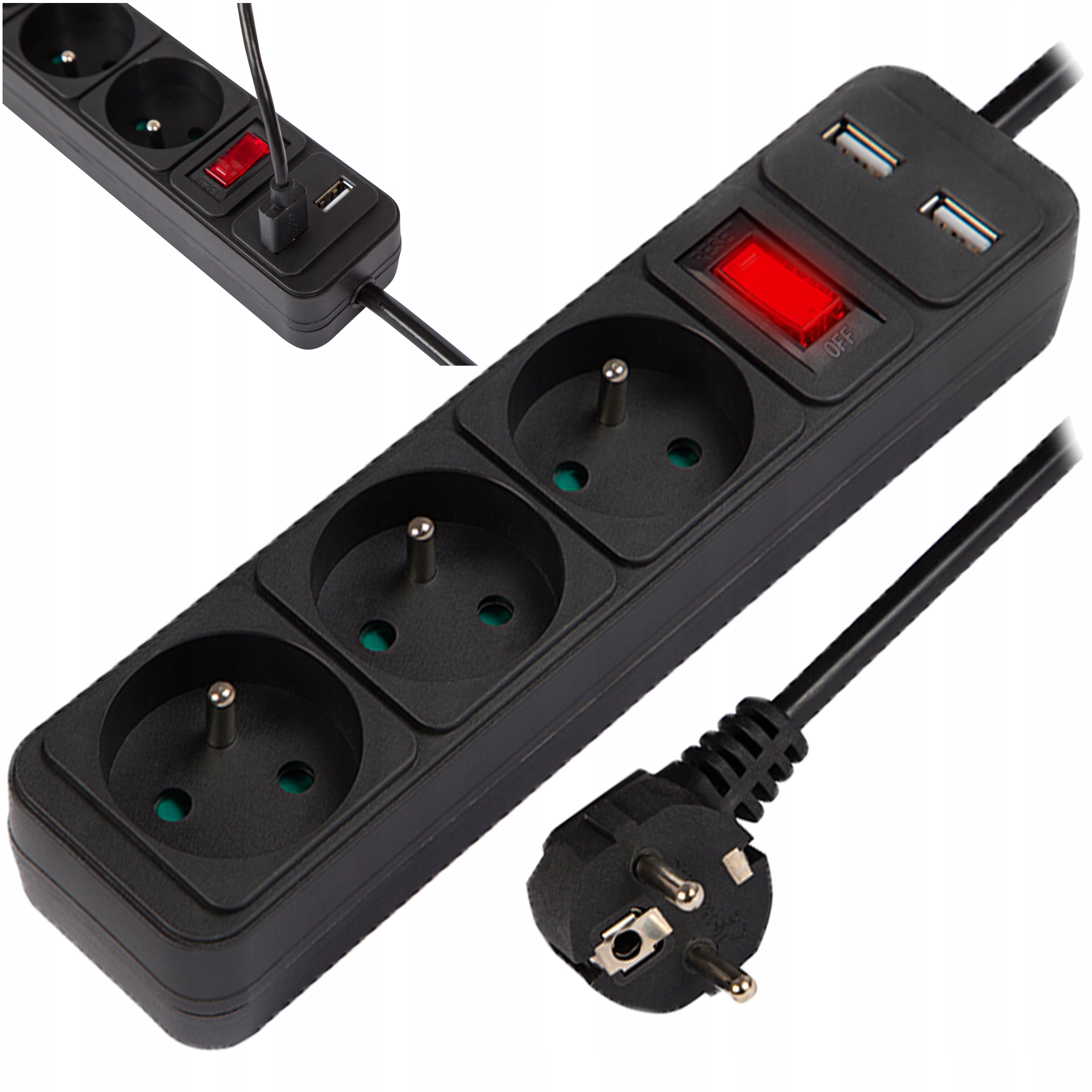 PRZEDŁUŻACZ LISTWA ZASILAJĄCA WŁĄCZNIK 3 GNIAZDA 5M ŁADOWARKA 2xUSB 2.1A