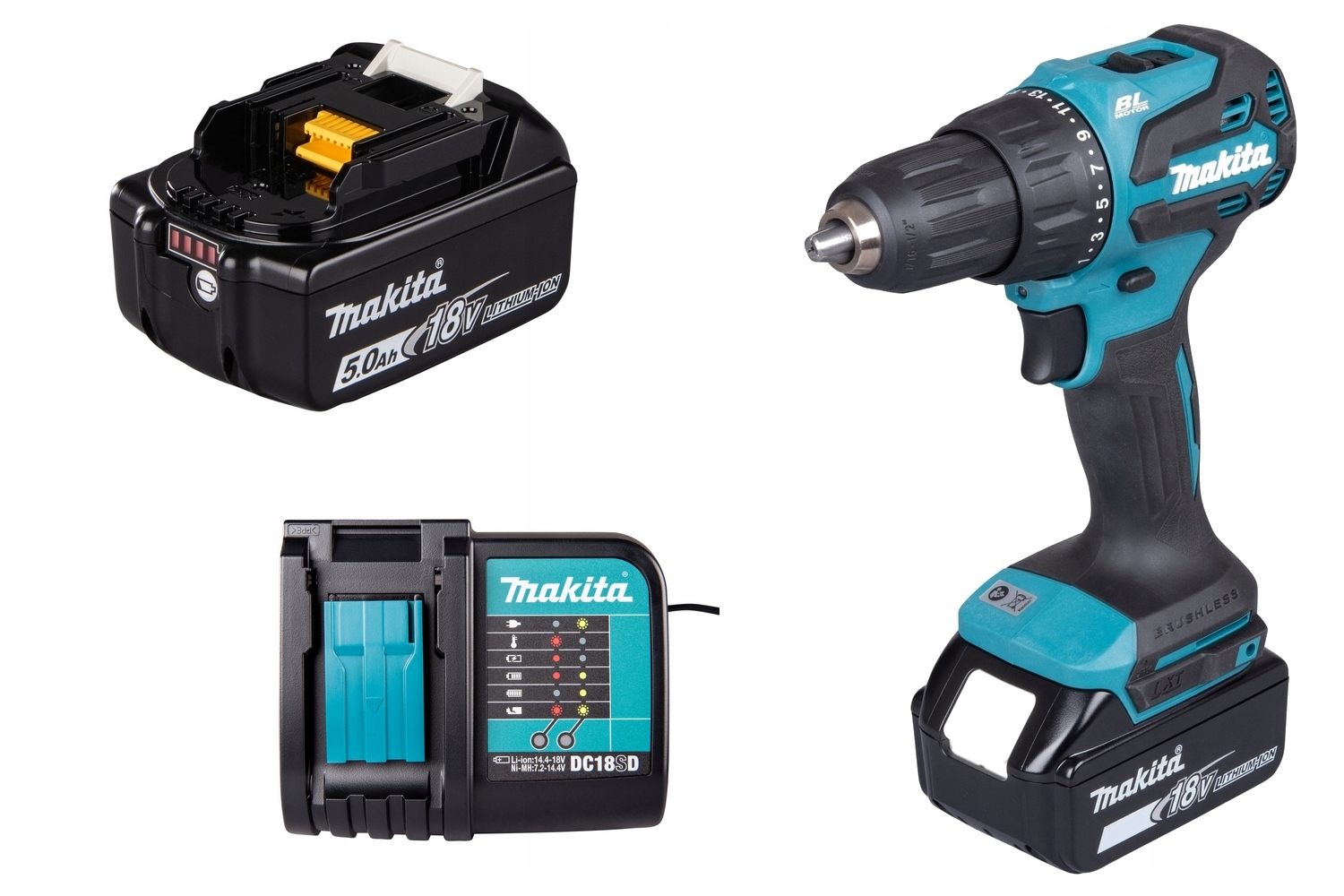 Makita Wiertarko wkrętarka udar Bezszczotkowa 18V DHP490Z+2xAKU 5Ah+ŁAD.18V