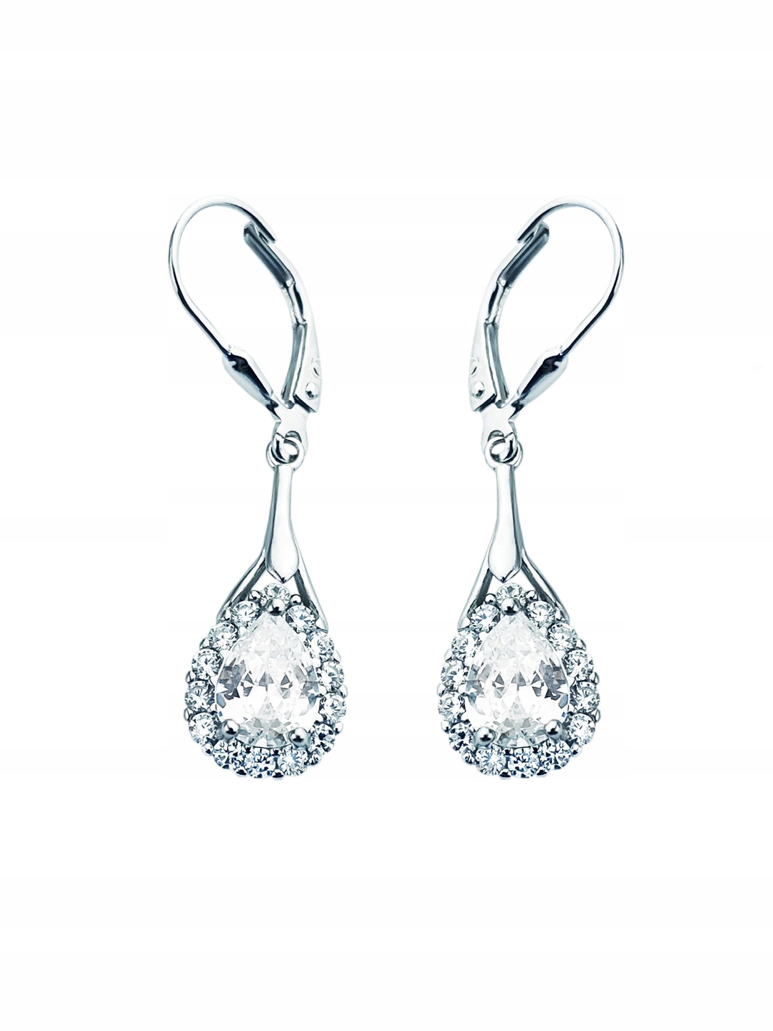 Stříbrné náušnice visící slzičkou s kapkami a zirkony