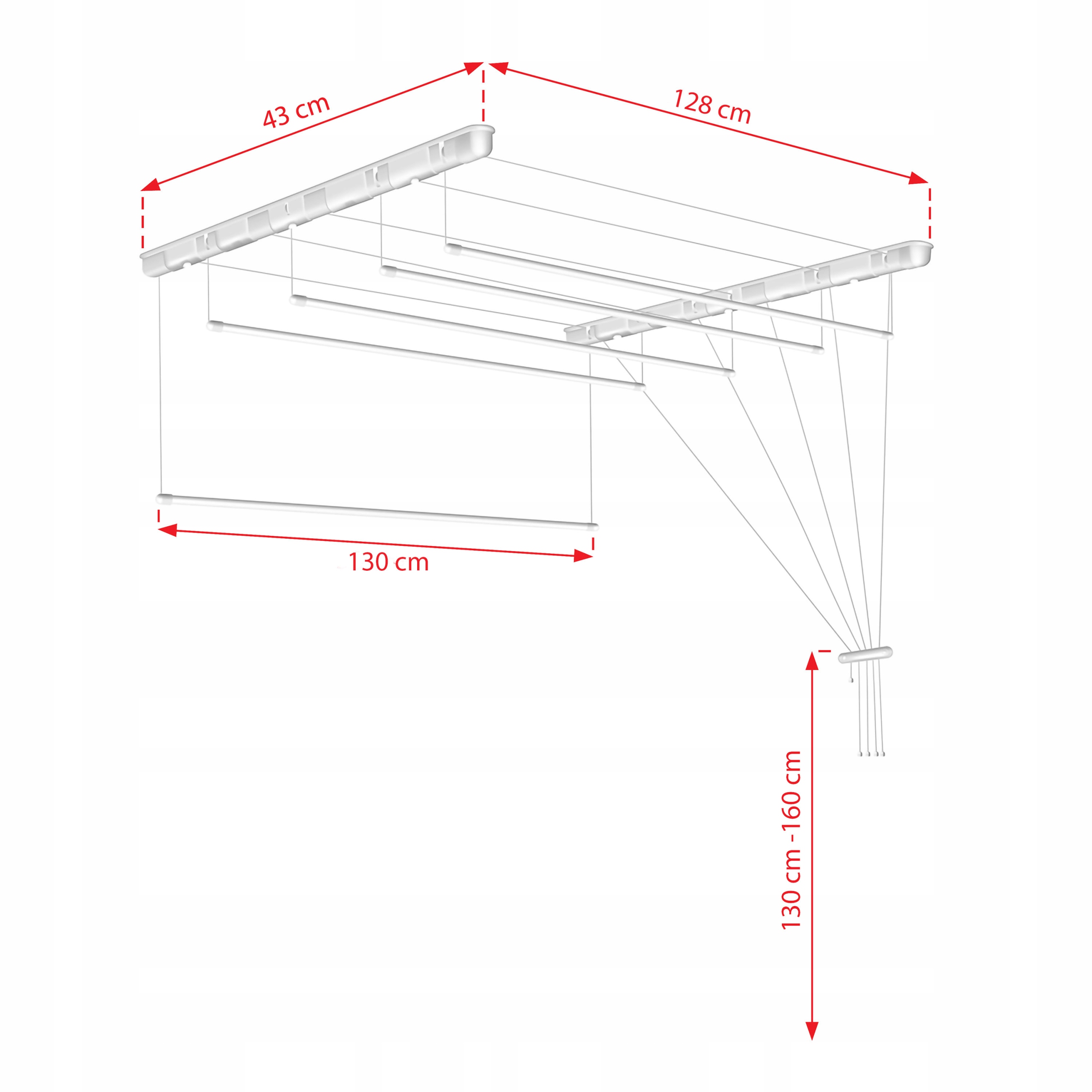SUSZARKA ŁAZIENKOWA SUFITOWA BIAŁA NA PRANIE BIELIZNĘ 5 PRĘTÓW 130 CM Głębokość produktu 43 cm