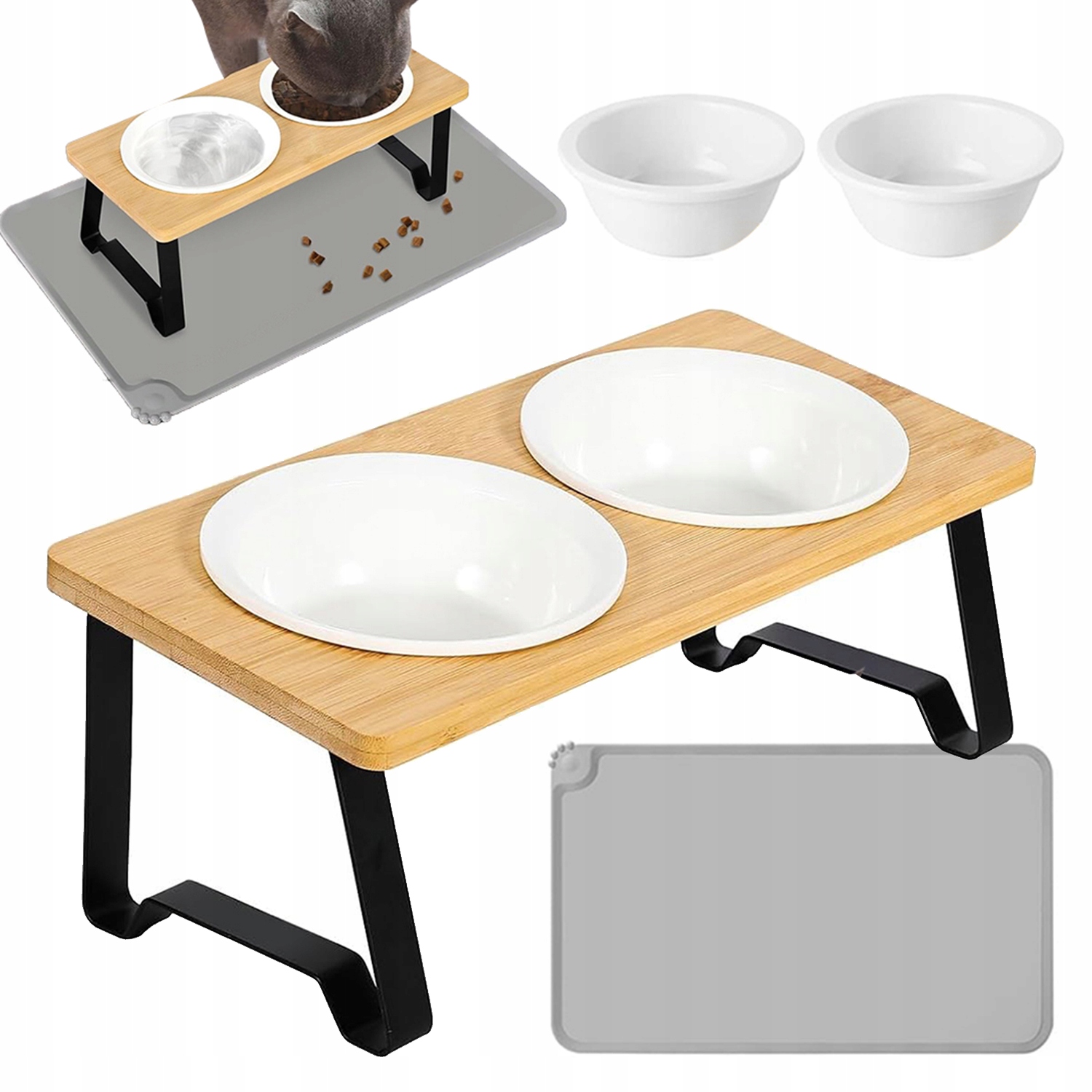 Levně Miska Pro Kočky Vyvýšená Se 2 Keramickými Miskami A Silikonovou Podložkou