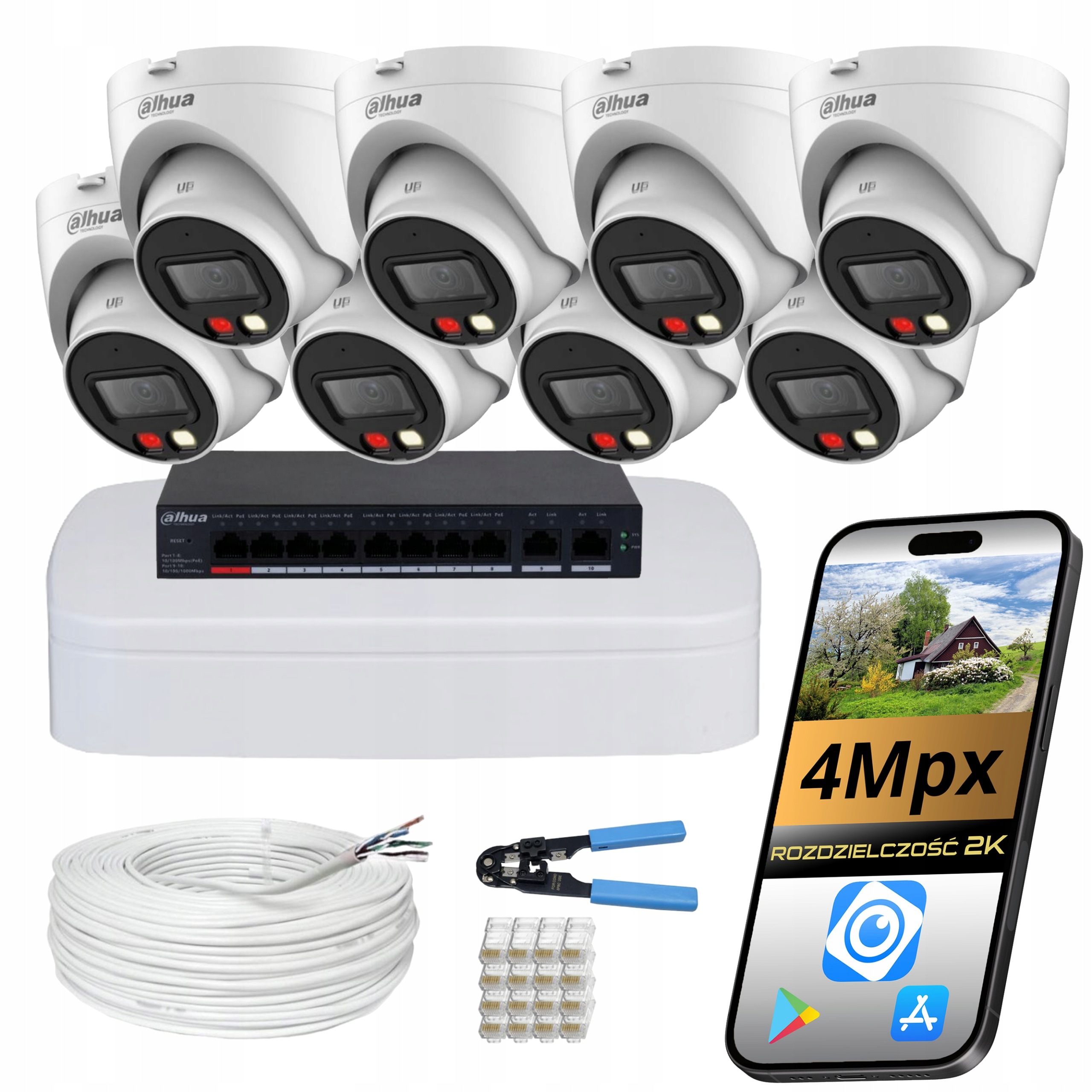 Monitorovací systém Dahua 8 kamer Ip PoE 4Mpx 2K Ir Led venkovní dům firma
