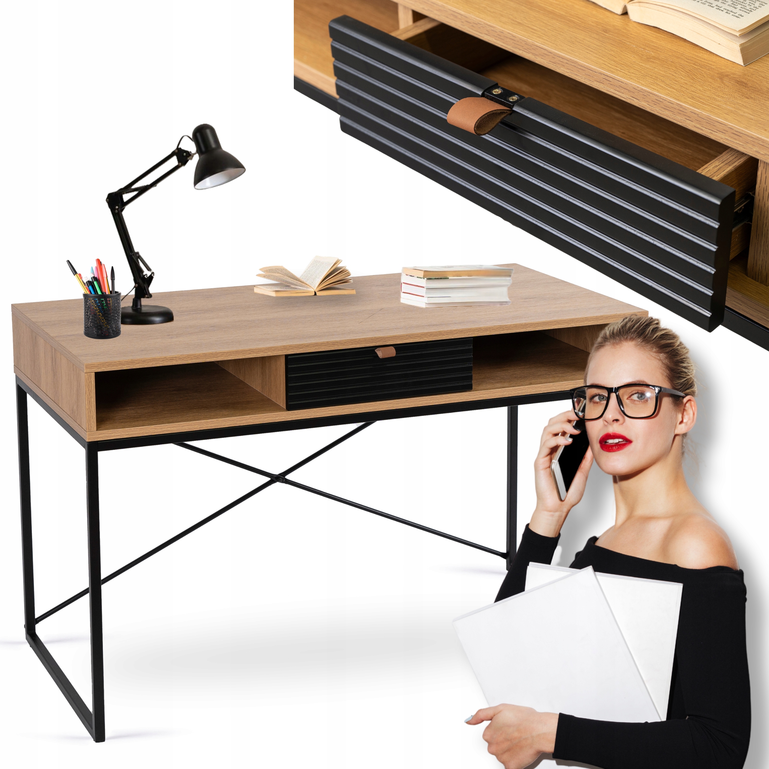 Kancelářský počítačový stůl Dřevěný Industriální Loft Dub Černý Oasis