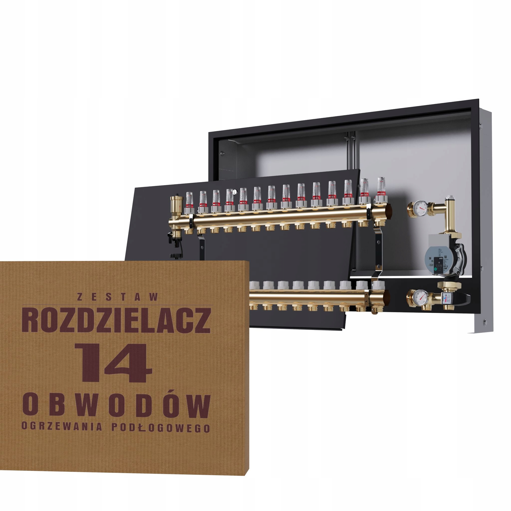 Rozdělovač pro podlahu 14 okruhů se skupinou Wilo, podomítkový box, černý