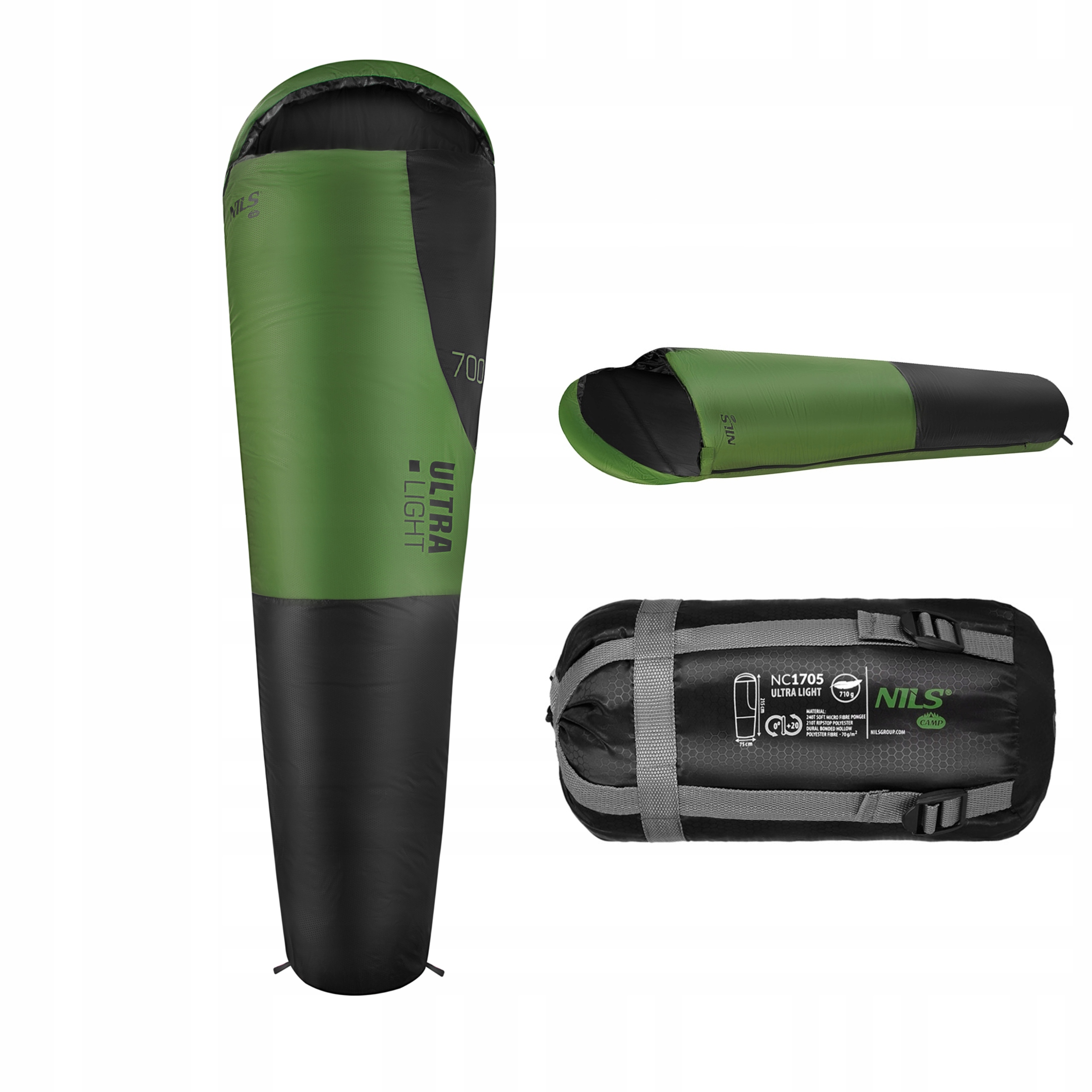 Letní lehký kompresní turistický spací pytel 710 g černo zelený Nils Camp