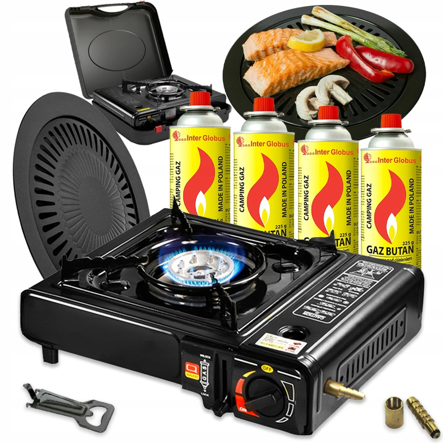 KUCHENKA TURYSTYCZNA GAZOWA POLOWA PRZENOŚNA + GRILL + 4x KARTUSZ 2w1 BUTLA