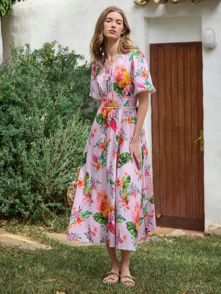 Šaty Letní Lněné S Květinami MIDI Rozšířené Růžové Motf L 40