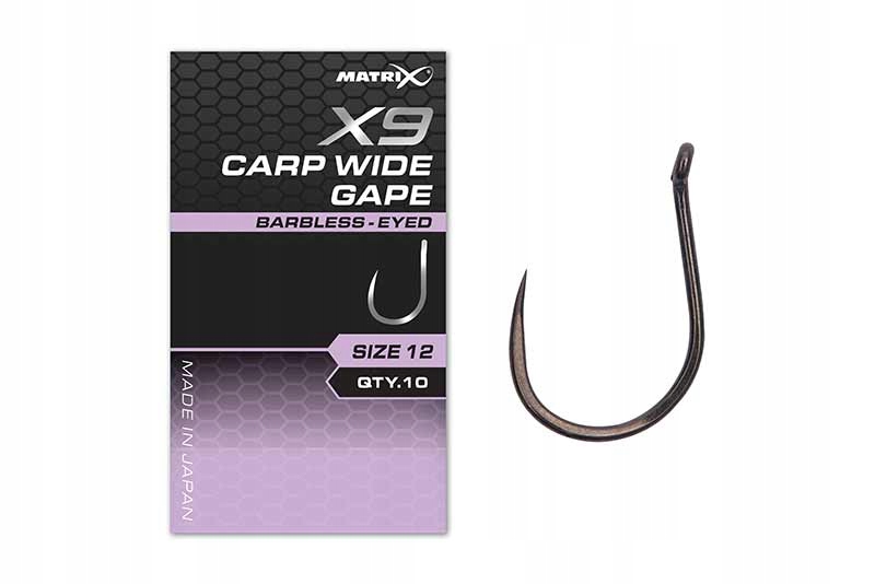 Haczyki Matrix X9 Carp Wide Gape Barbless Eyed #16