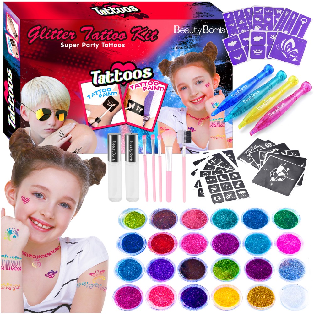 ZESTAW DO TATUAŻY SZABLONY BROKAT KOLORY TATUAŻE ZMYWALNE PISAKI WZORY