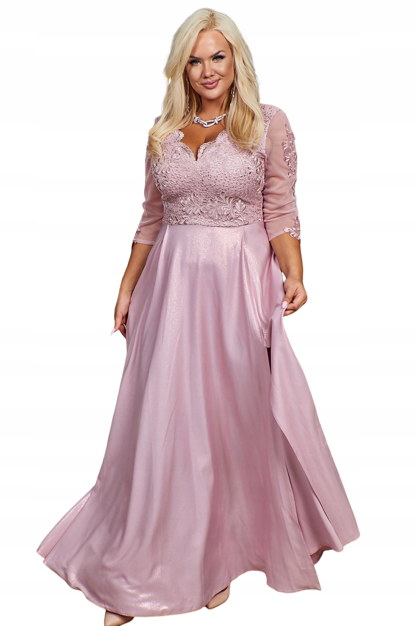 Carmen II 3/4 pudrová růžová brokátová Dlouhá svatba svatební hostina sukně s Krajkou 4XL