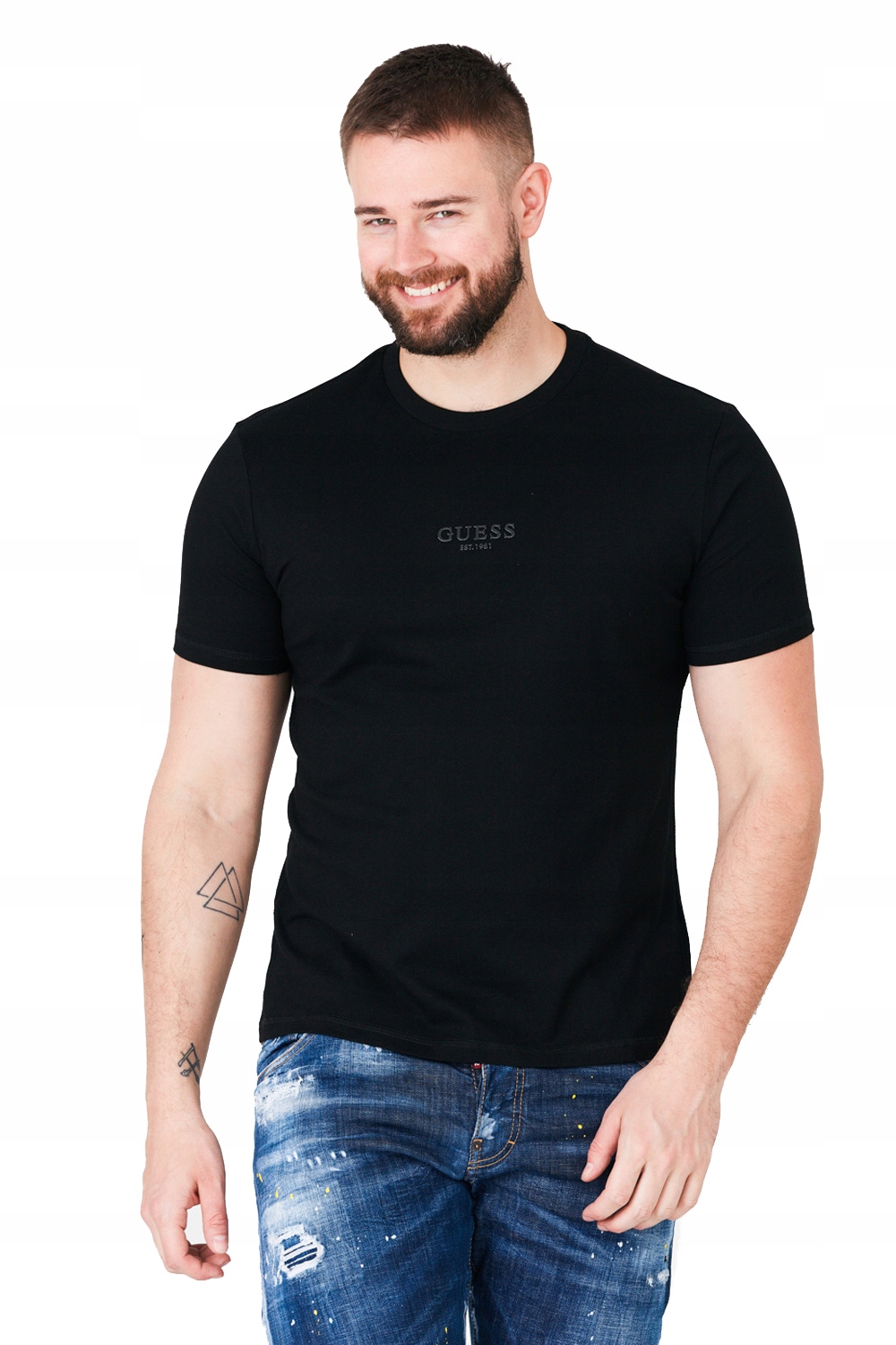 

Guess Czarny t-shirt męski z aplikacją z logo r L