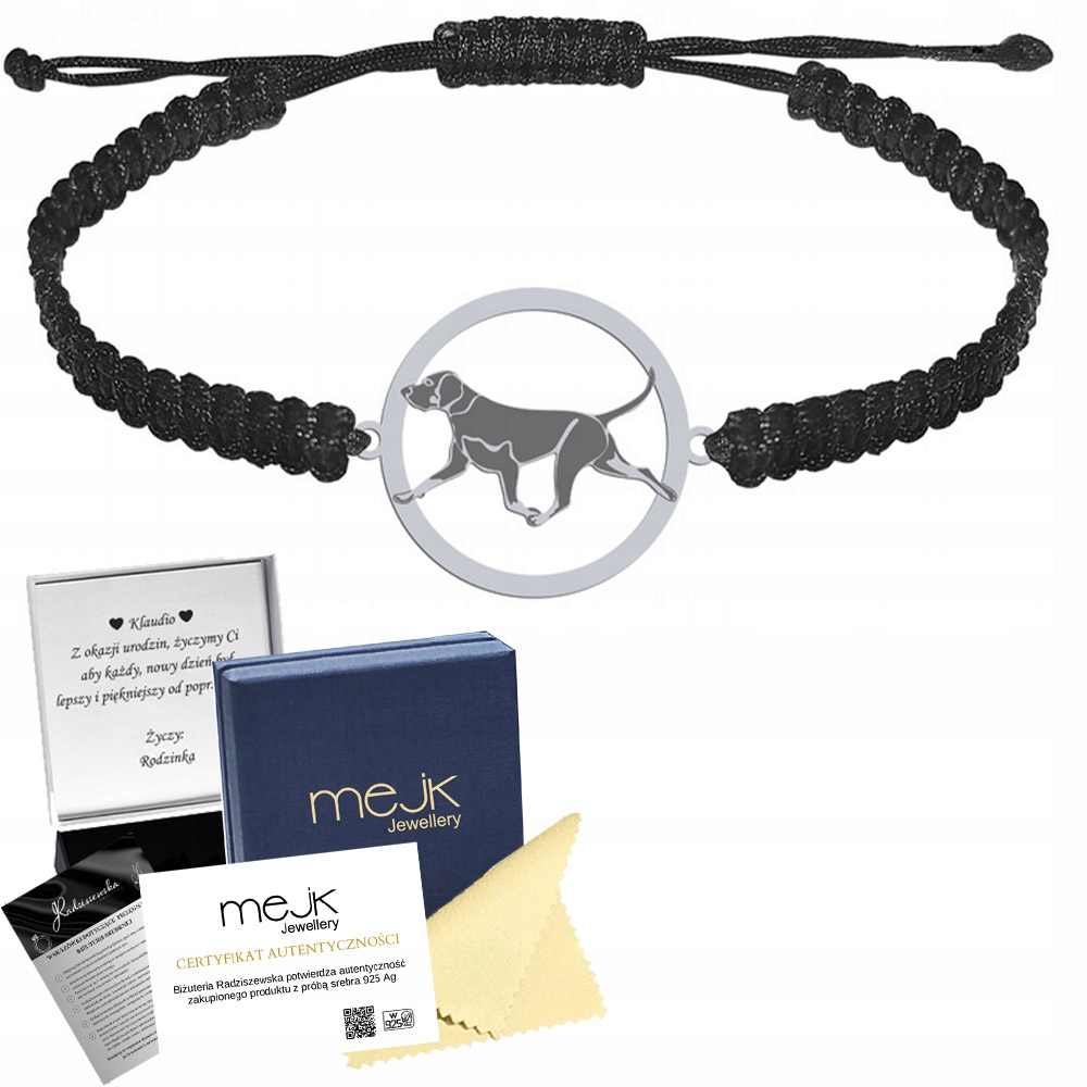 Stříbrný náramek s polským loveckým psem 925 Makramé Gravírování Bonus