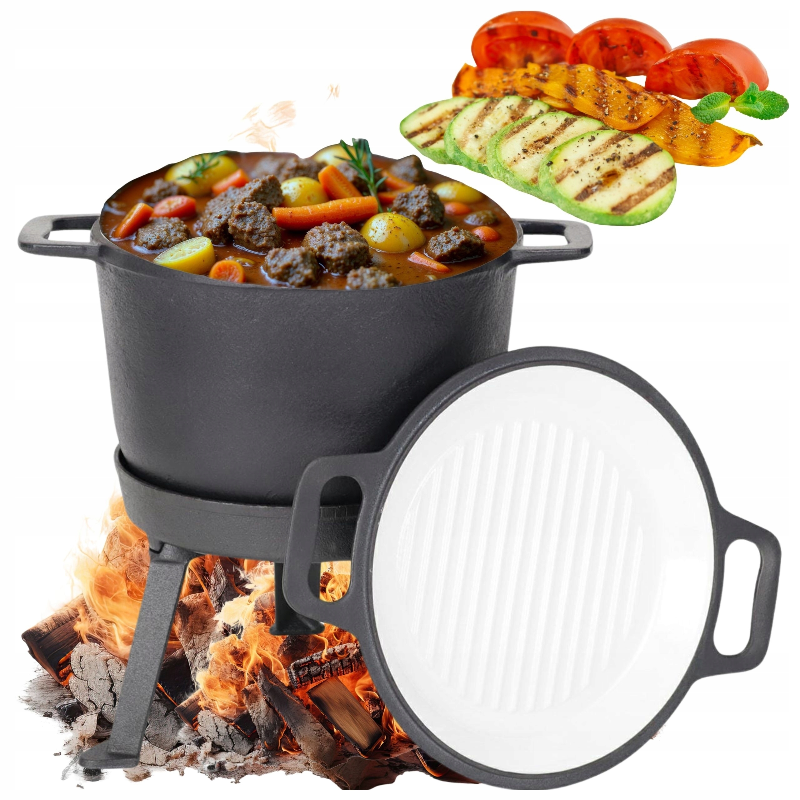 Litinový Kotlík lovecký smaltovaný stojící Hrnec na oheň gril 5L