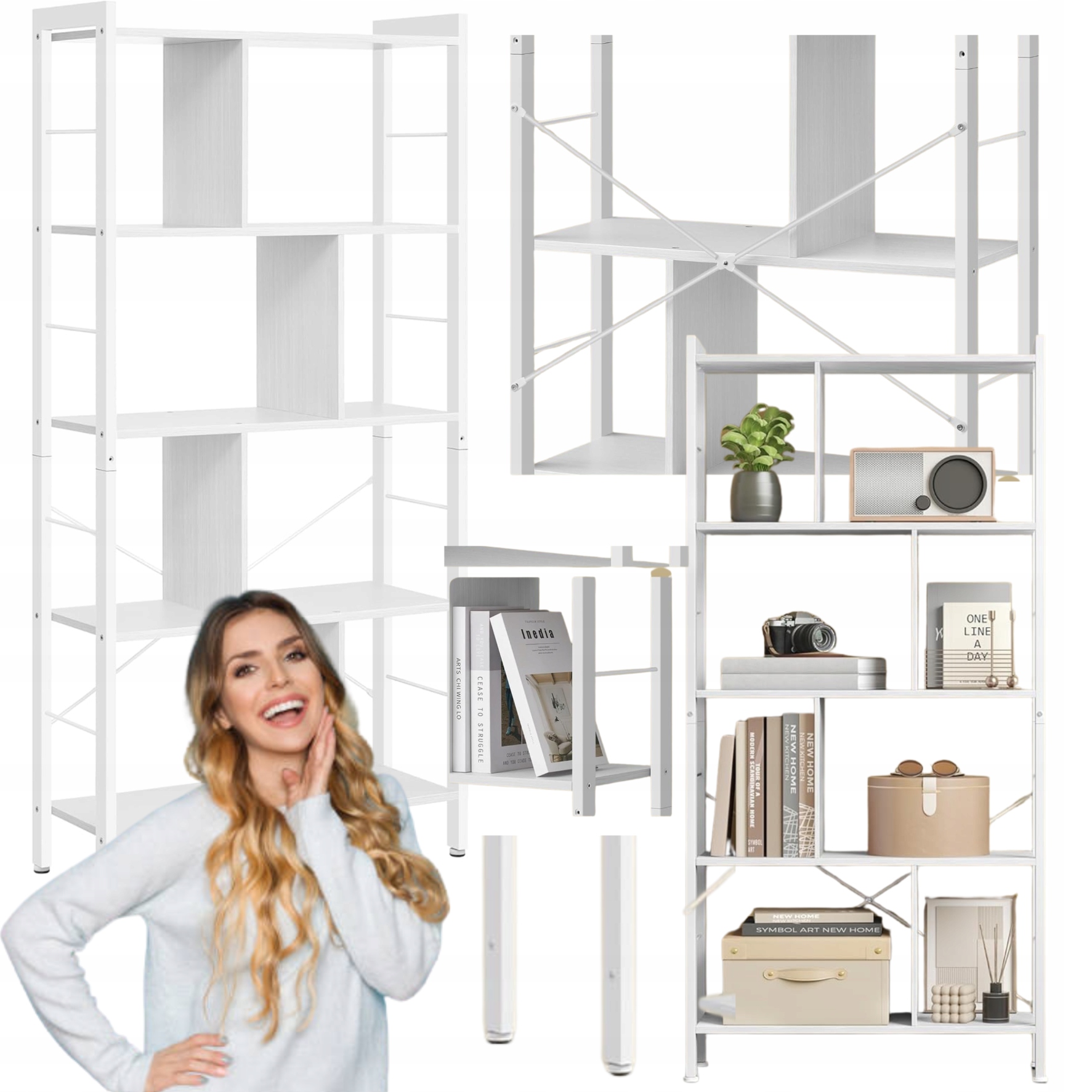 Regál Kovový drevený biely Loft na knihy, hračky, stojanová polica, obývacia izba