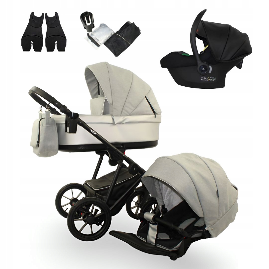 Wózek dziecięcy 3w1 VESTIN Jasno-Szary Ekskluzywny| Cosmo Fotelik+Adaptery