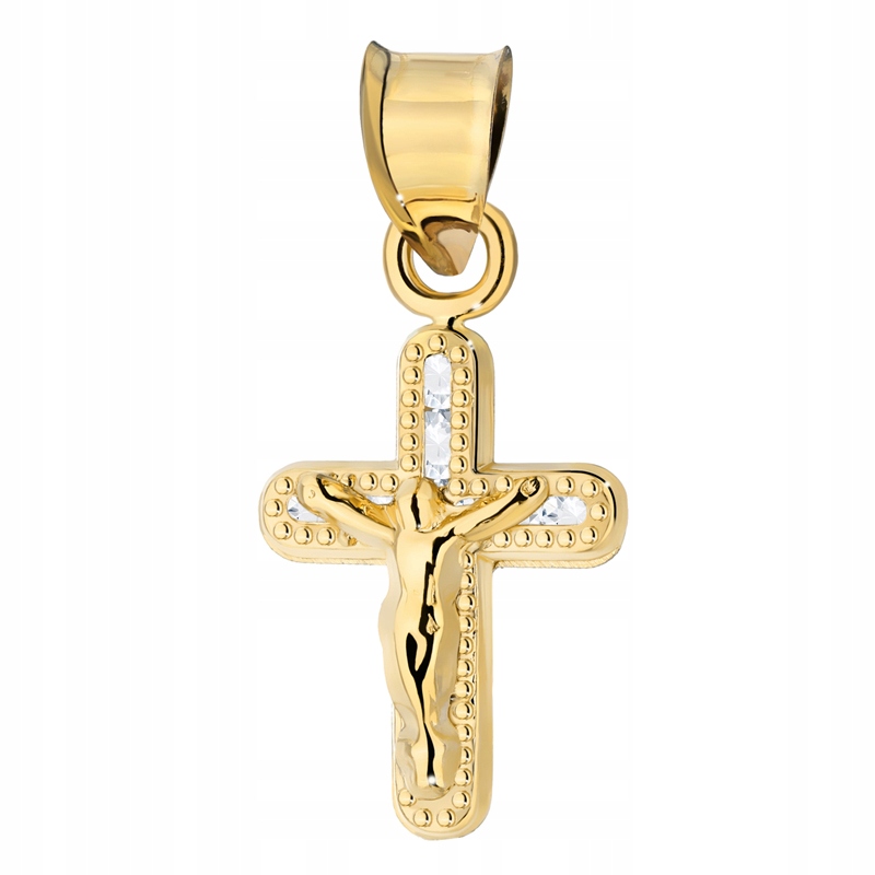 Zlatý Kříž pr. 585 14k Zdobený s zirkony Křest Svaté Přijímání