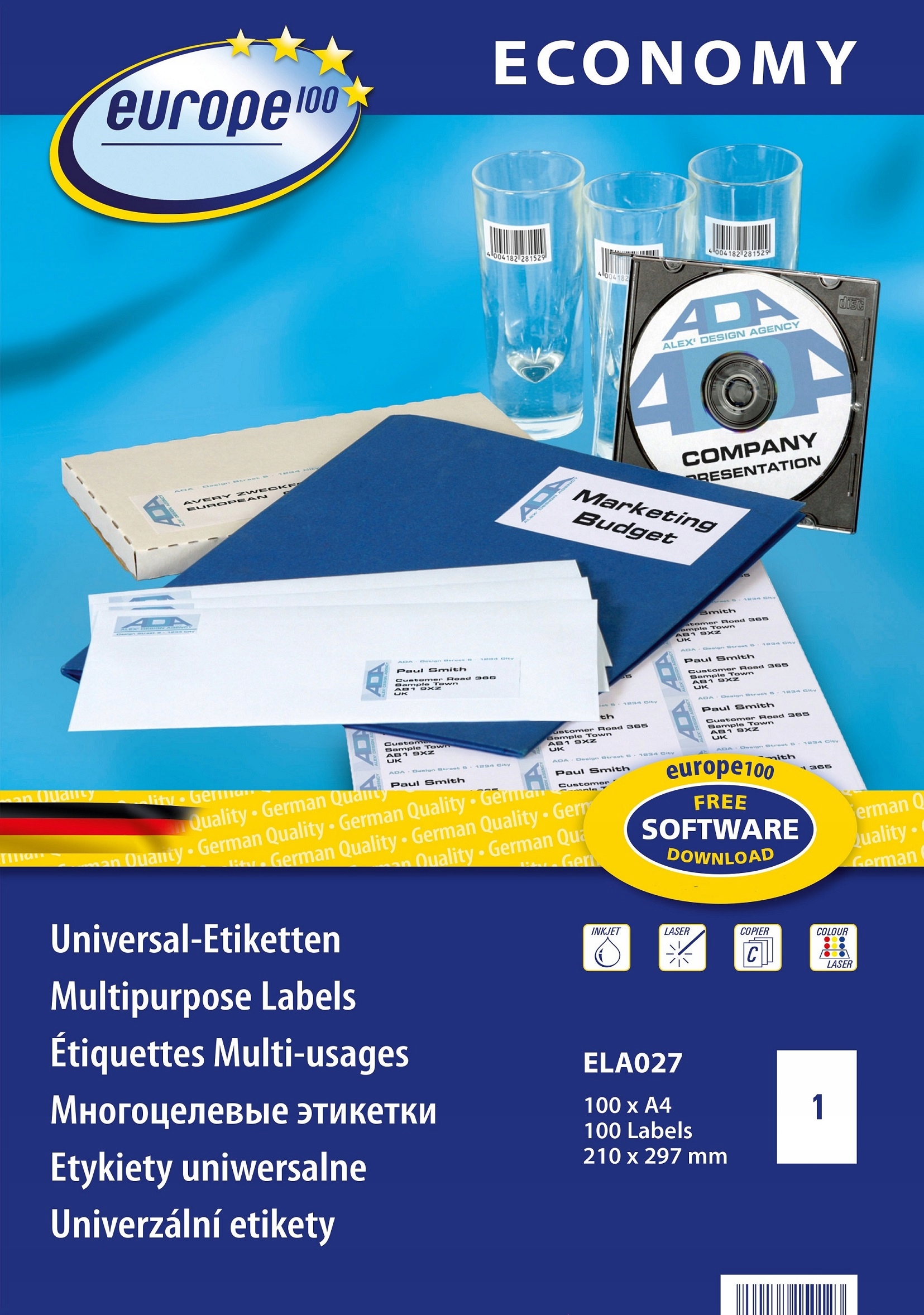 

Etykiety uniwersalne Avery 210x297 mm Europe 100