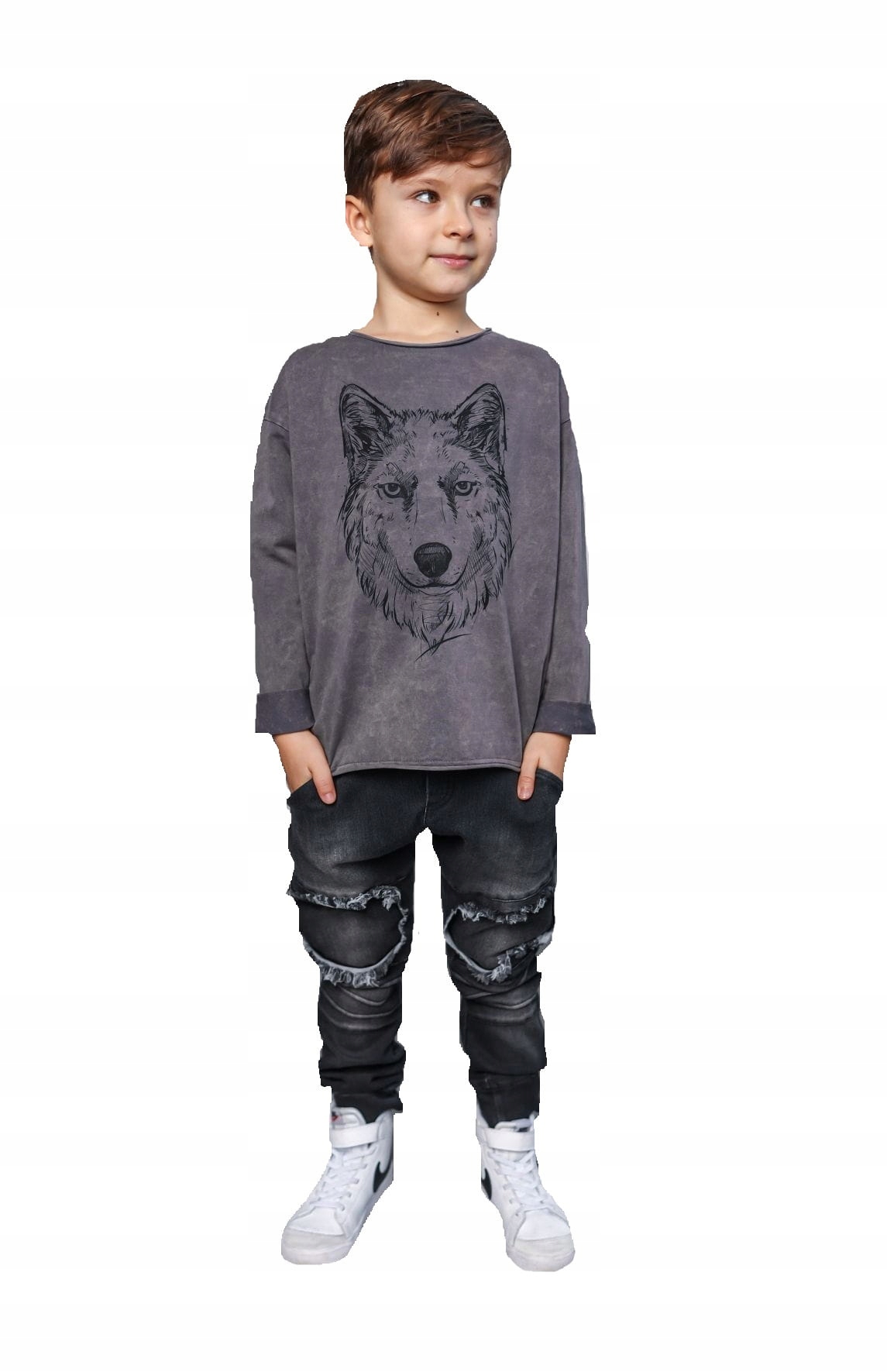 

Szary t-shirt long z wilkiem Mash Mnie 140/146