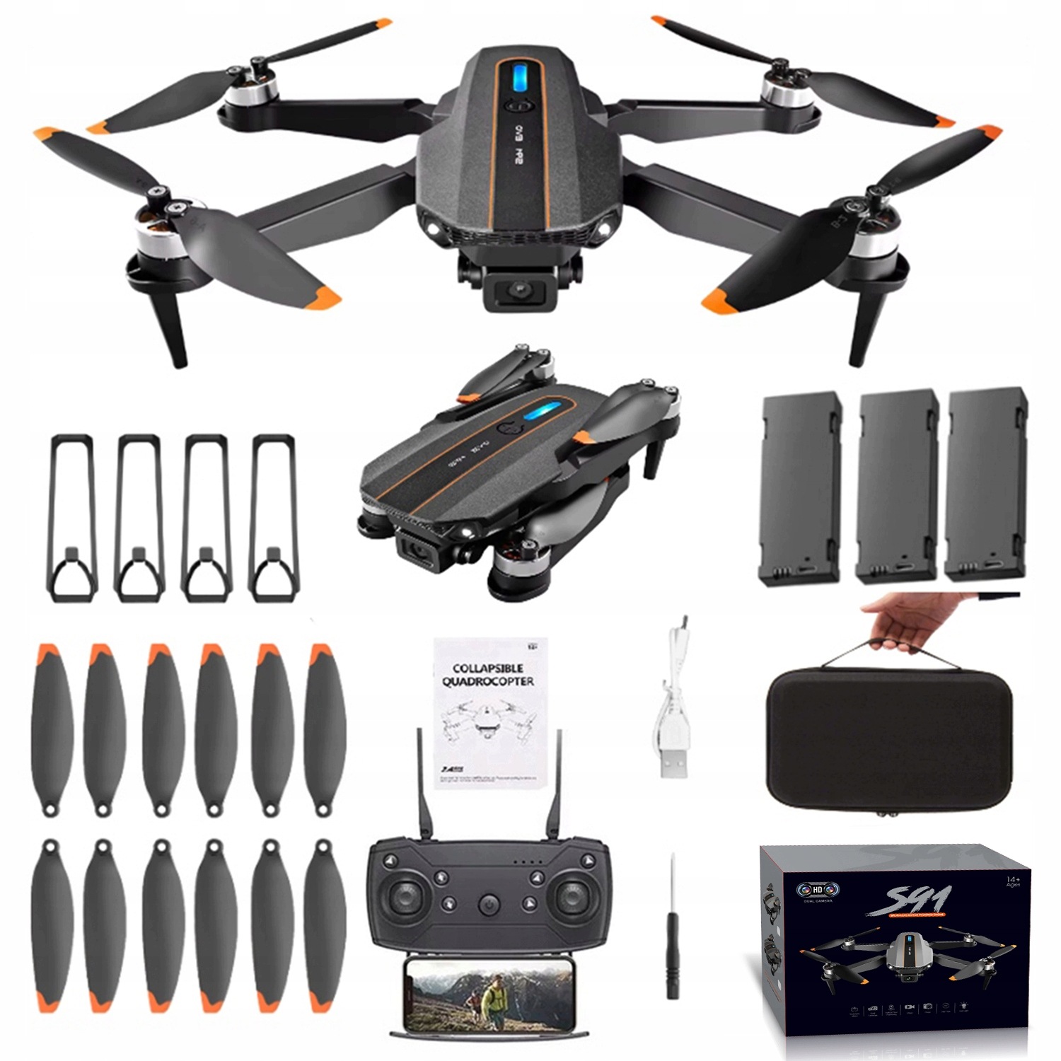 Dron S91 Zabawka 2 Kamery WiFi Silniki Bezszczotkowe Zawis Aplikacja Z 3AKU