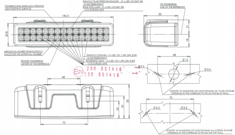 LAMPA LED ZESPOLONA TYLNA PRZECIWMGIELNA COFANIA Producent części Inny
