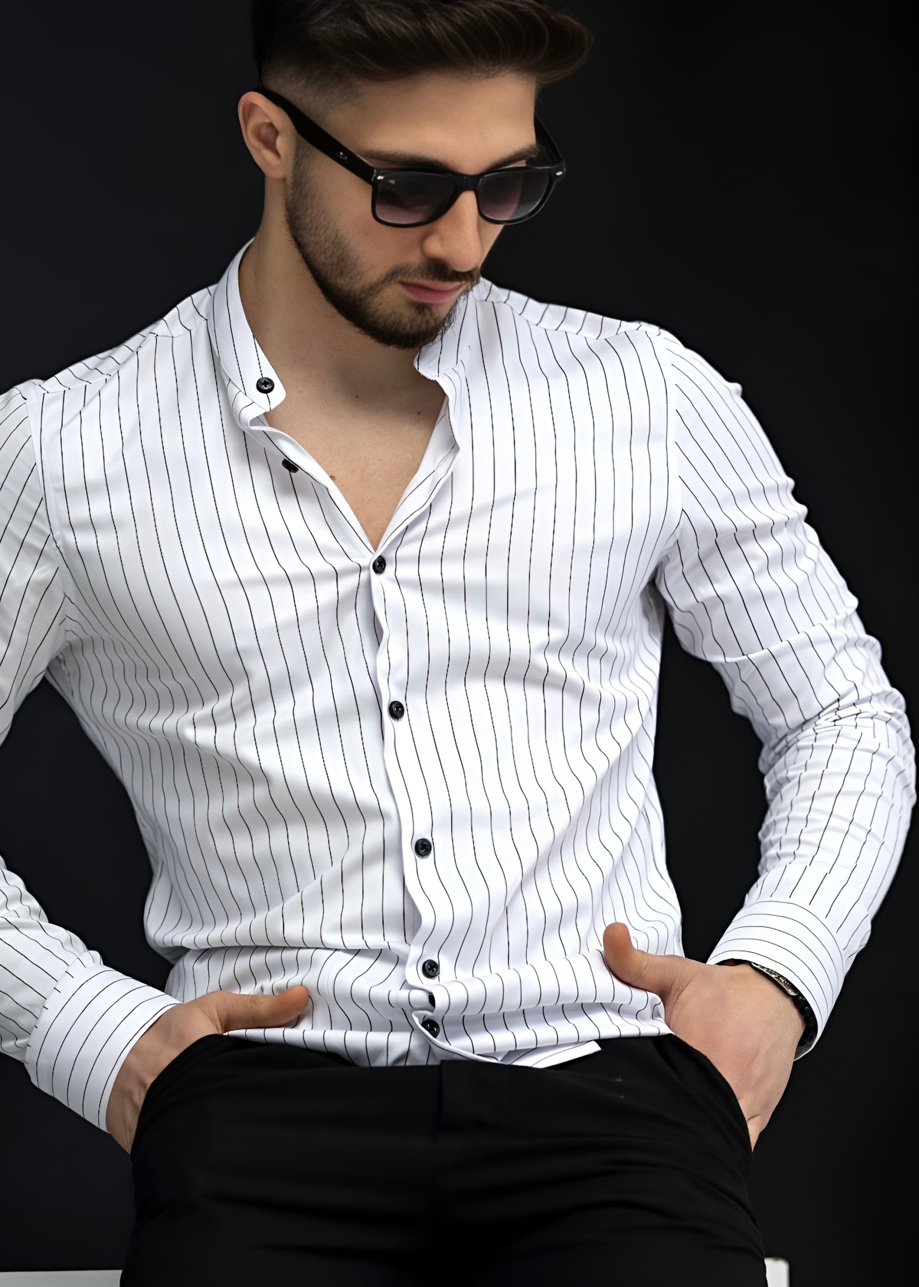 KOSZULA MĘSKA SLIM XL W PASKI BIAŁA ZE STÓJKĄ ELEGANCKA Rękaw długi rękaw