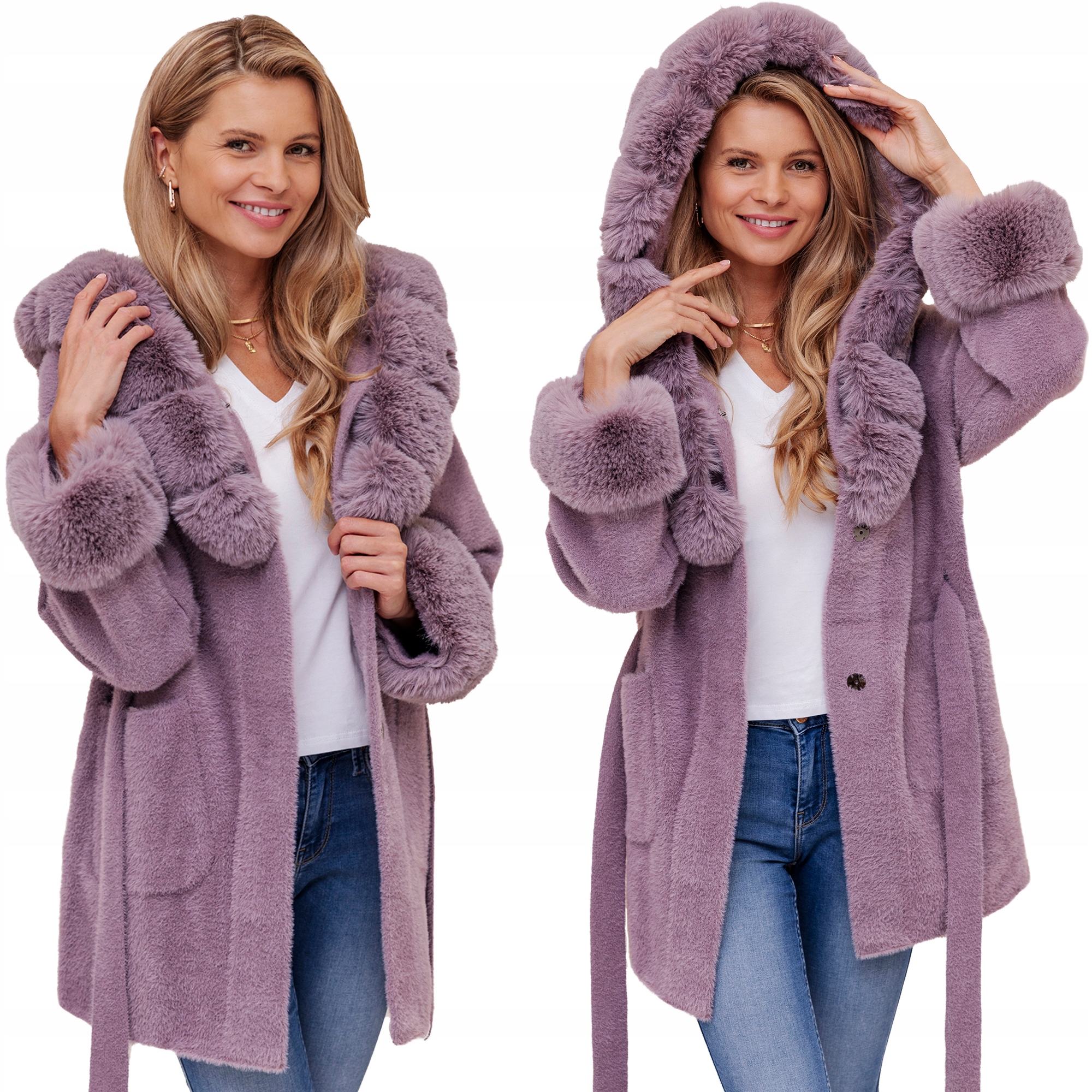 Bella Mięciutki Płaszcz Z Paskiem Z Kapturem Alpaka Z Futerkiem Z. Wrzosowy