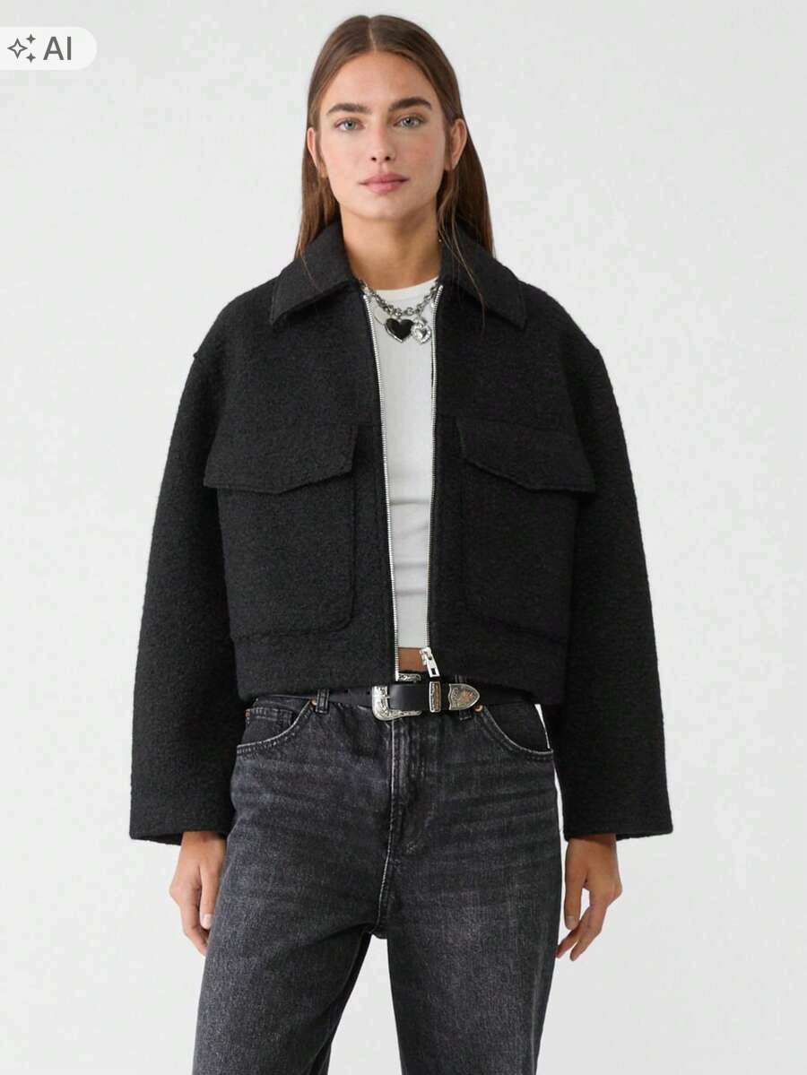 Shein Černá Bunda Bomber S Límcem A Klopovými Kapsami Xs 1LA