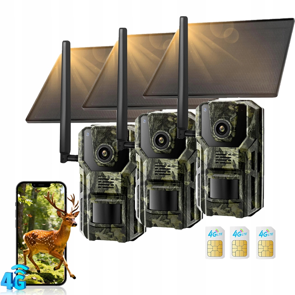 3 kusy 4G lovecká trailová kamera s Sim kartou pro pozorování divokých zvířat