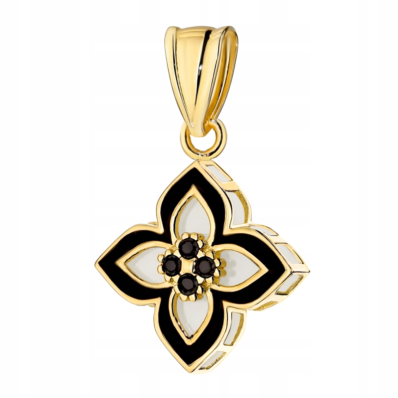 Zlatý Přívěsek Přívěsek Dámský pr. 585 Bílo-černý Květina Čtyřlístek 14k